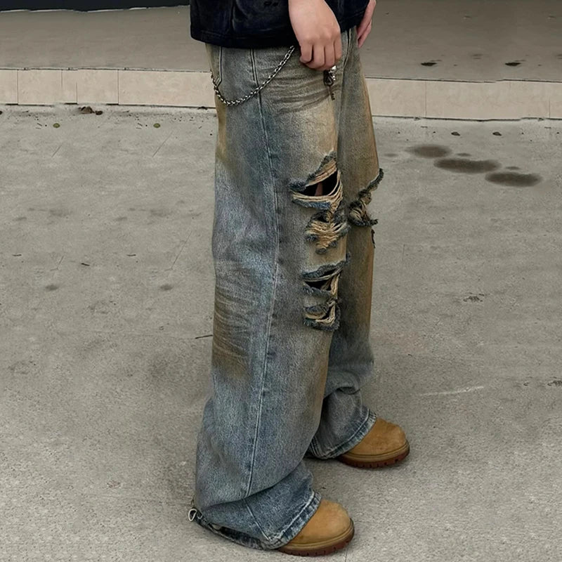American Style Men's Jeans - Washed Distressed Mud Dyed Contrast Color Denim Pants - Straight Wide Leg Fit for Casual Wear & Street Style | Perfect for Everyday Outfits, Parties, and Urban Fashion