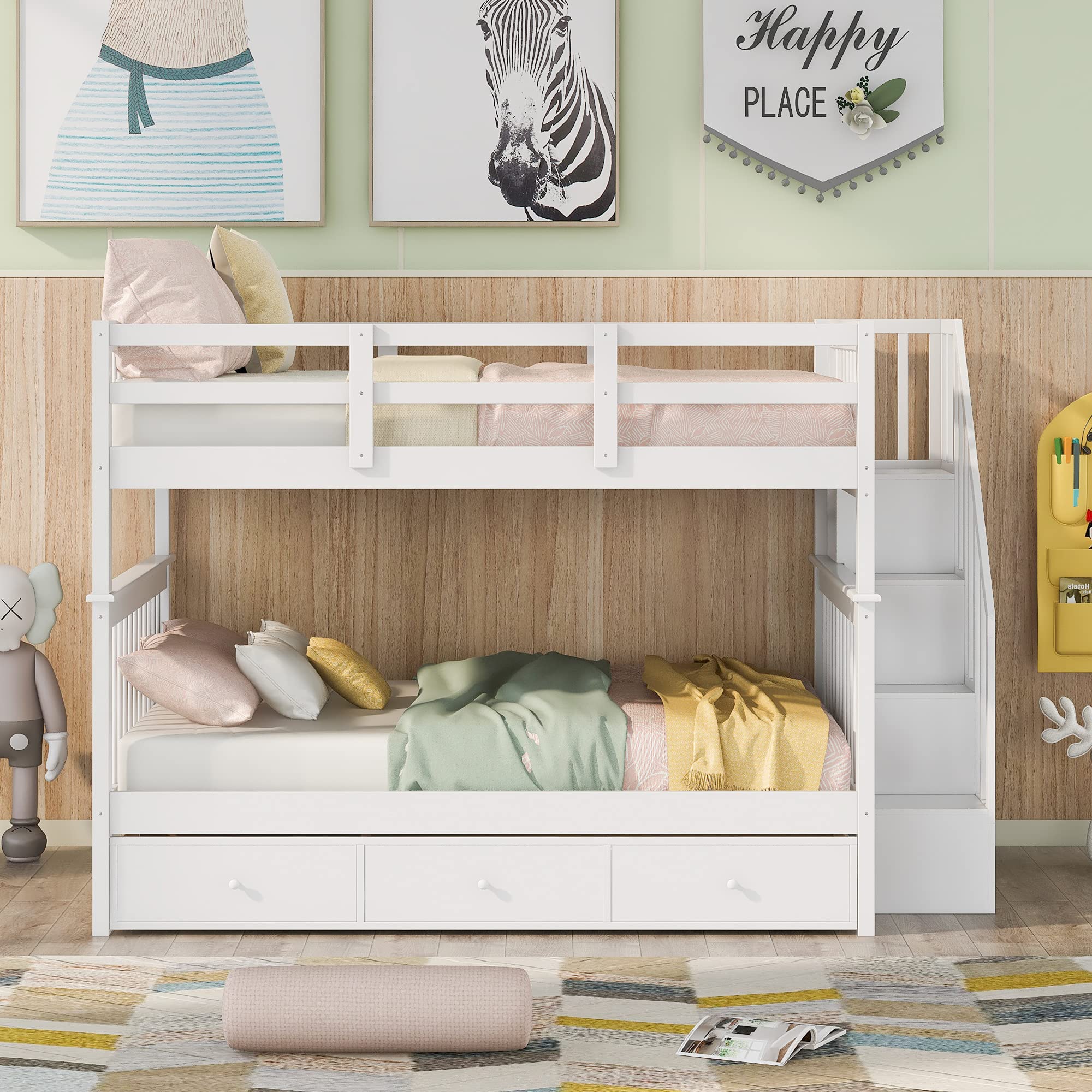 Harper & Bright Designs Full Over Full Bunk Beds with Storage Drawers and Stairs - Solid Wood Bunk Bed Frame for Kids, Boys, Girls & Teens - White - Perfect for Small Bedrooms, Shared Kids Rooms & Space-Saving Solutions