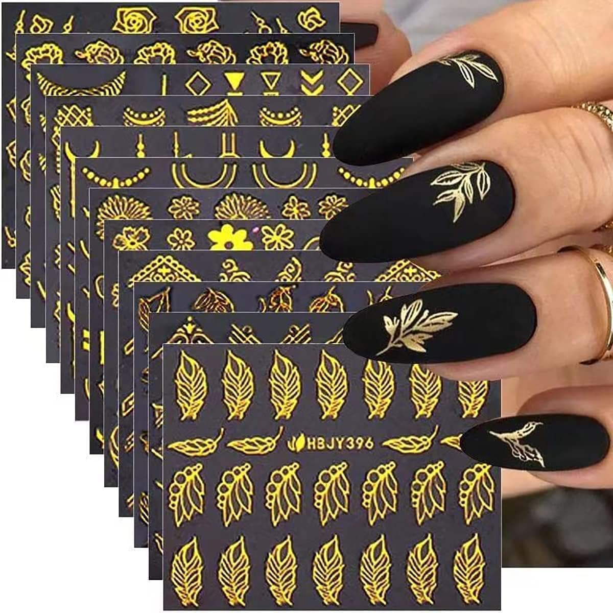 3D Gold Floral Nail Art Stickers - Self Adhesive Nail Decals with Leaves & Flowers for Women & Girls (12 Styles) - Perfect for Parties, Weddings, and Special Occasions
