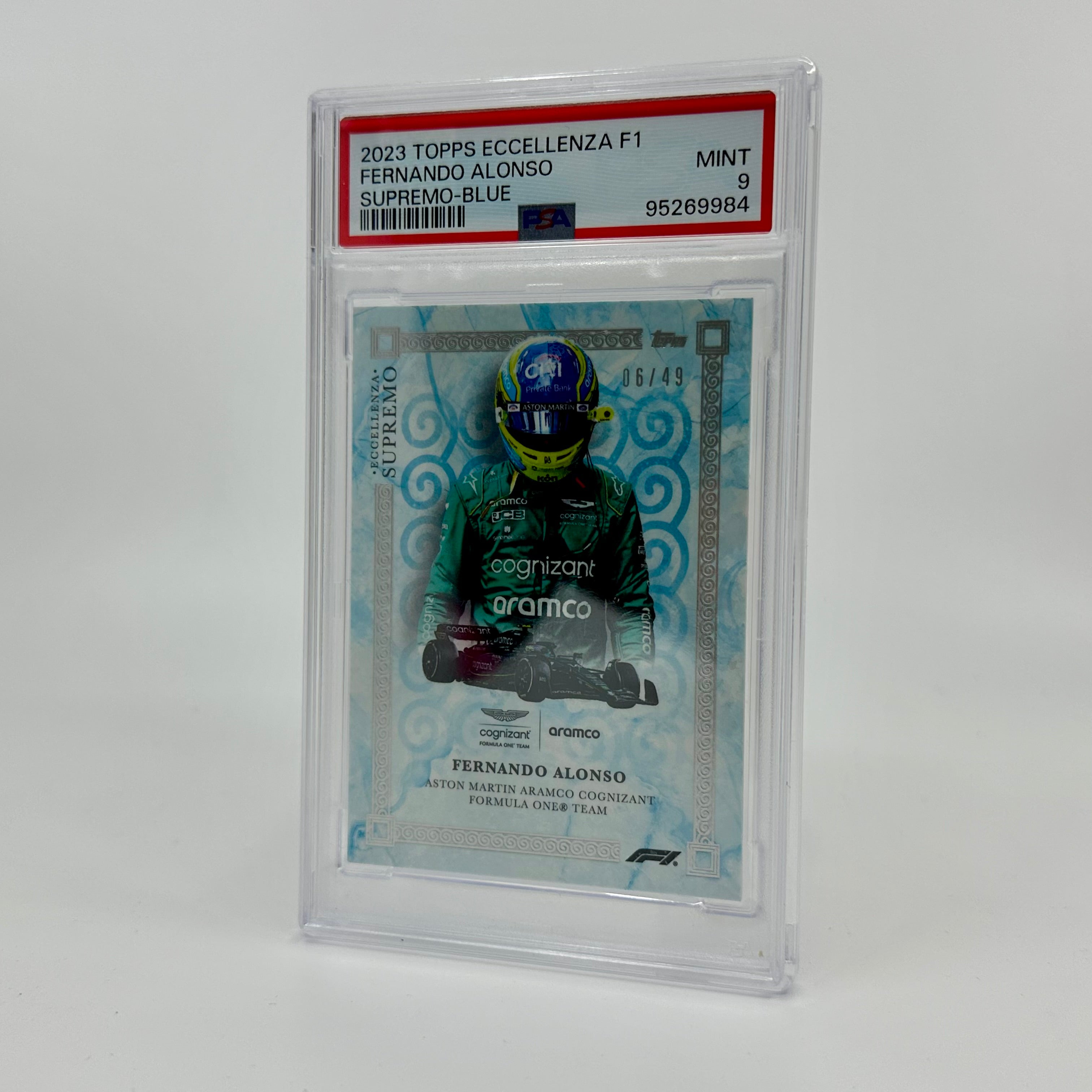 PSA 9 Graded Fernando Alonso 2023 Topps Eccellenza Supremo Blue Card #06/49 - Perfect for F1 Collectors and Racing Memorabilia Displays