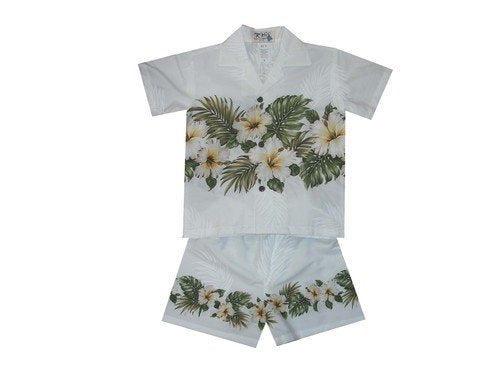 Hawaiian Family Matching Outfits - Tropical Hibiscus Border & Palm Leaf Print Summer Vacation Outfits for Beach, Luau Party, and Family Photos