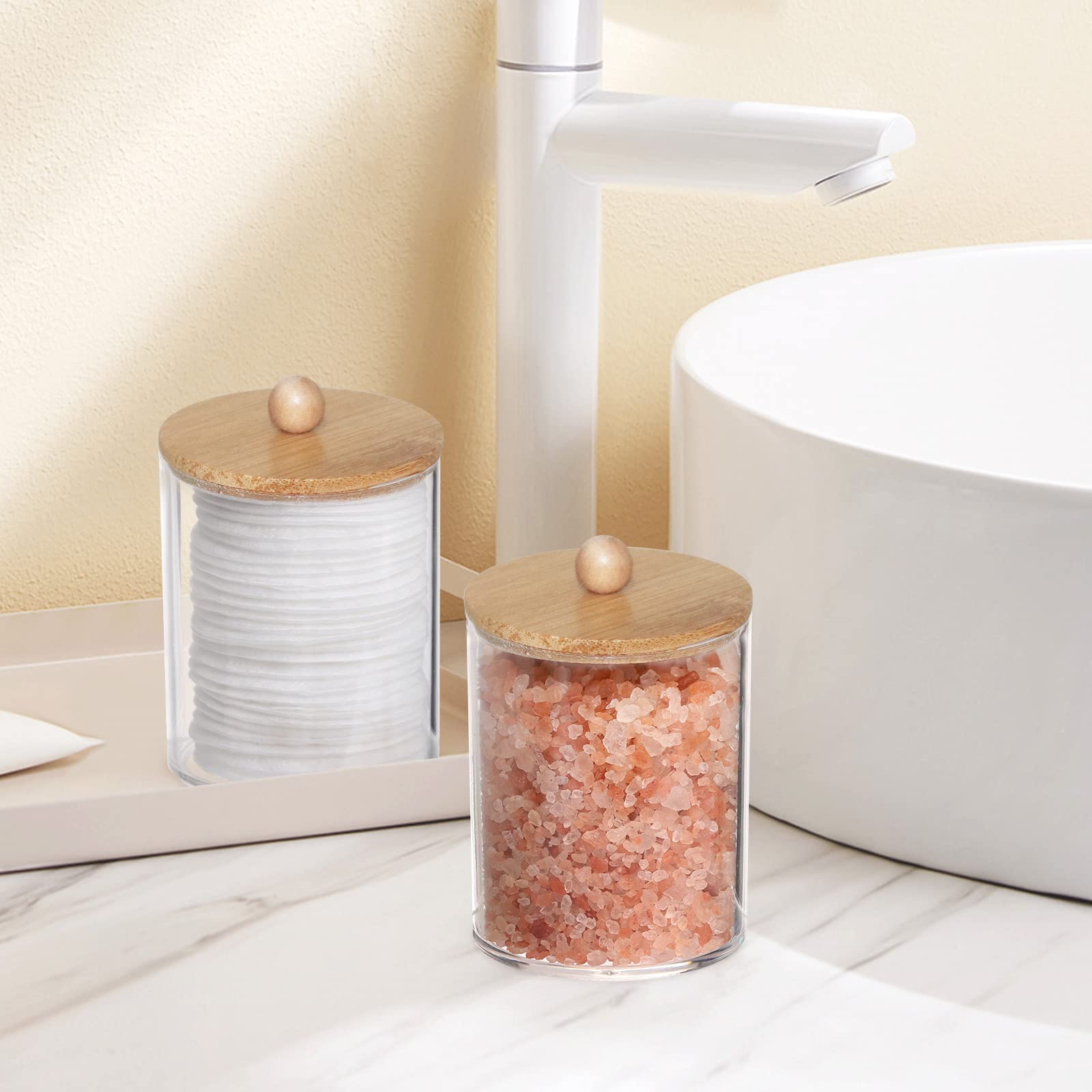 Tbestmax 4-Pack Clear Plastic Apothecary Jars with Bamboo Lids - 10oz Bathroom Organizer for Cotton Balls, Swabs & Dental Floss - Stylish Storage Containers for Countertop Vanity & Spa Decor