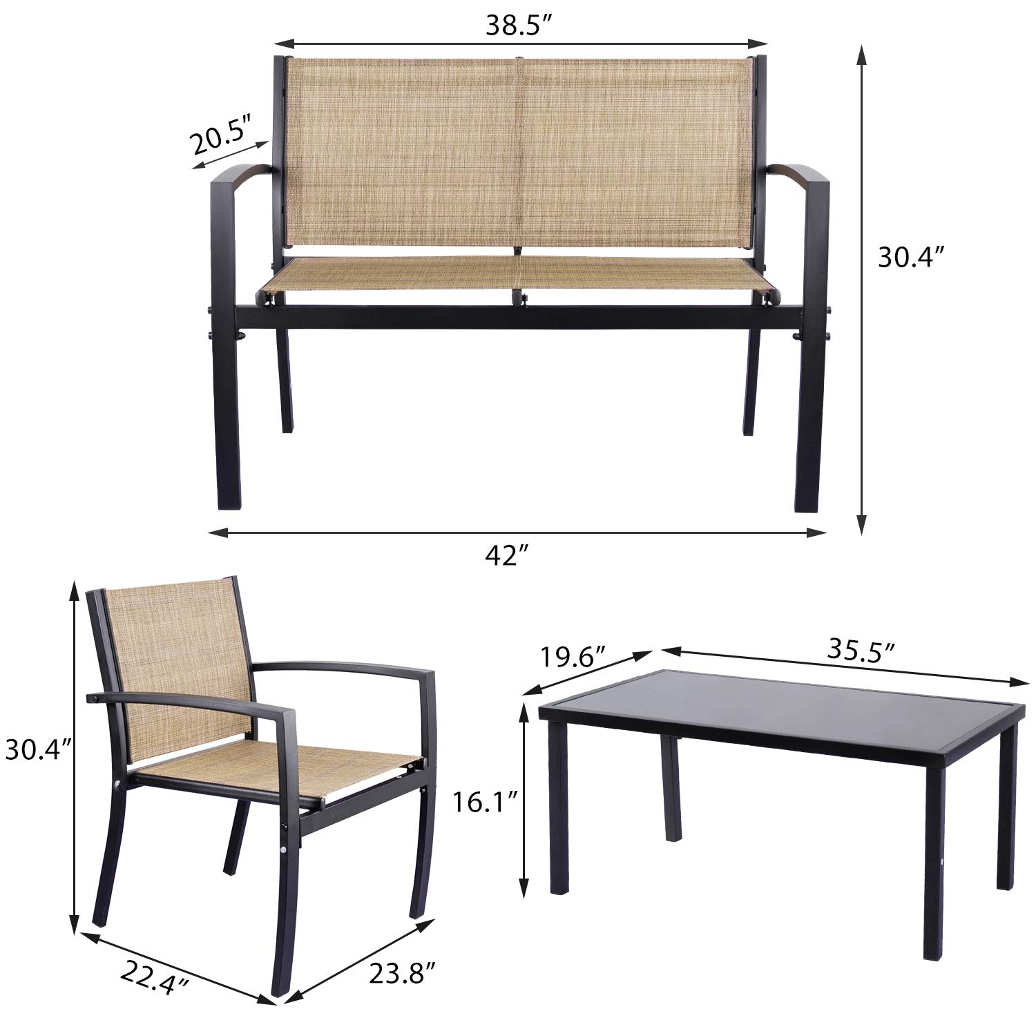 JUMMICO 4-Piece Modern Patio Furniture Set - Outdoor Garden Conversation Bistro Set with Glass Coffee Table for Porch, Lawn, Backyard (Yellow) | Perfect for Relaxing, Entertaining & Outdoor Dining