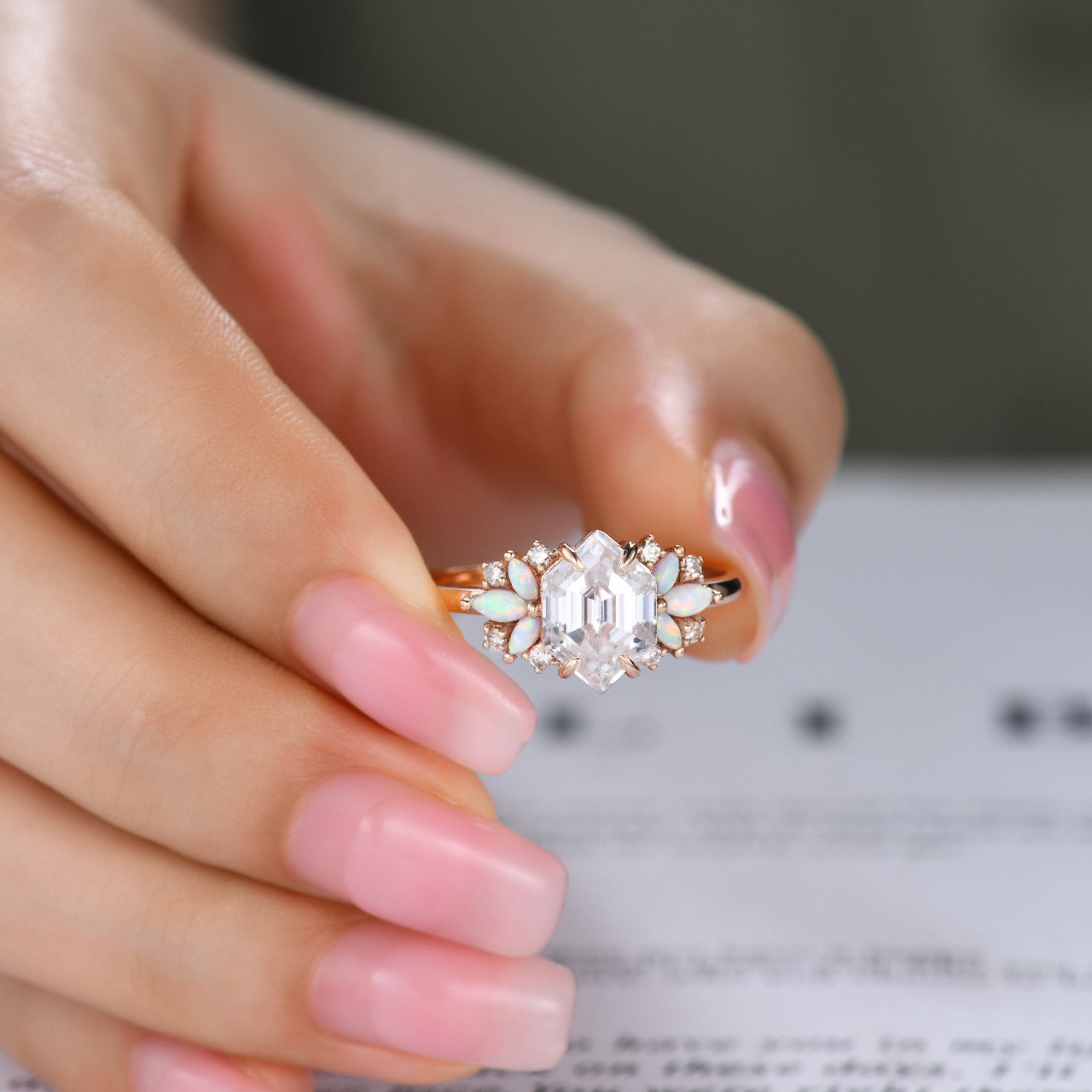 Vintage Hexagon Cut Moissanite Opal Engagement Ring - Rose Gold Promise Ring for Women, Wedding, Proposal & Anniversary Gifts | Elegant Jewelry for Special Occasions