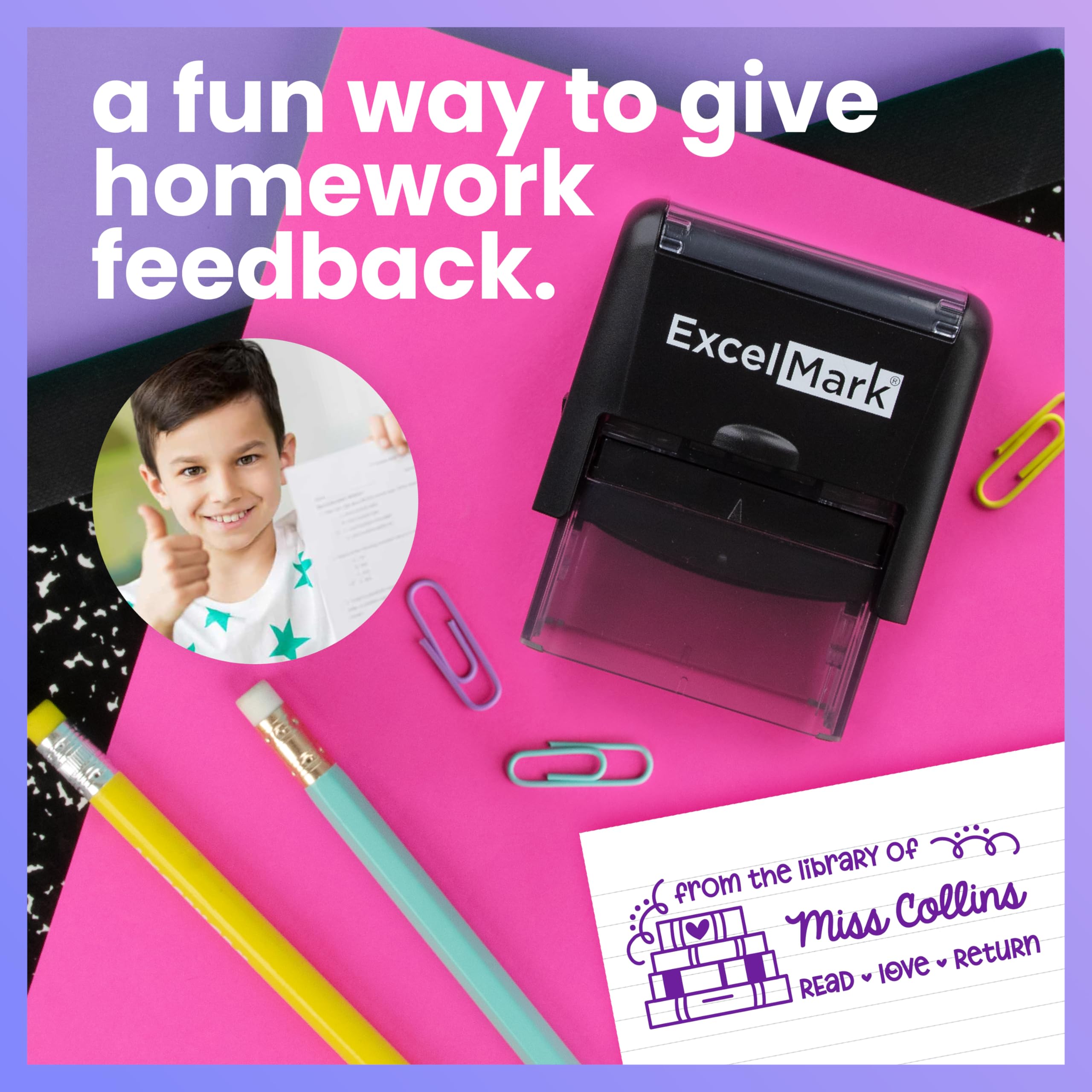 ExcelMark Personalized Teacher Stamp - Custom Self-Inking Book Stamp for Teachers - 11 Vibrant Colors (Medium) - Perfect for Grading Papers, Classroom Rewards & Student Encouragement