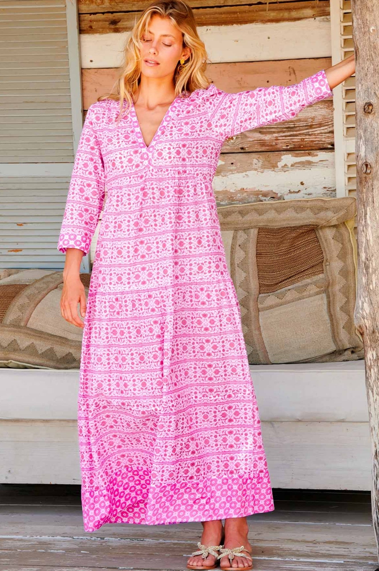 Mykonos Maxi Dress for Women - Flowy White & Pink Summer Beach Dress | Perfect for Vacations, Weddings & Boho Outfits