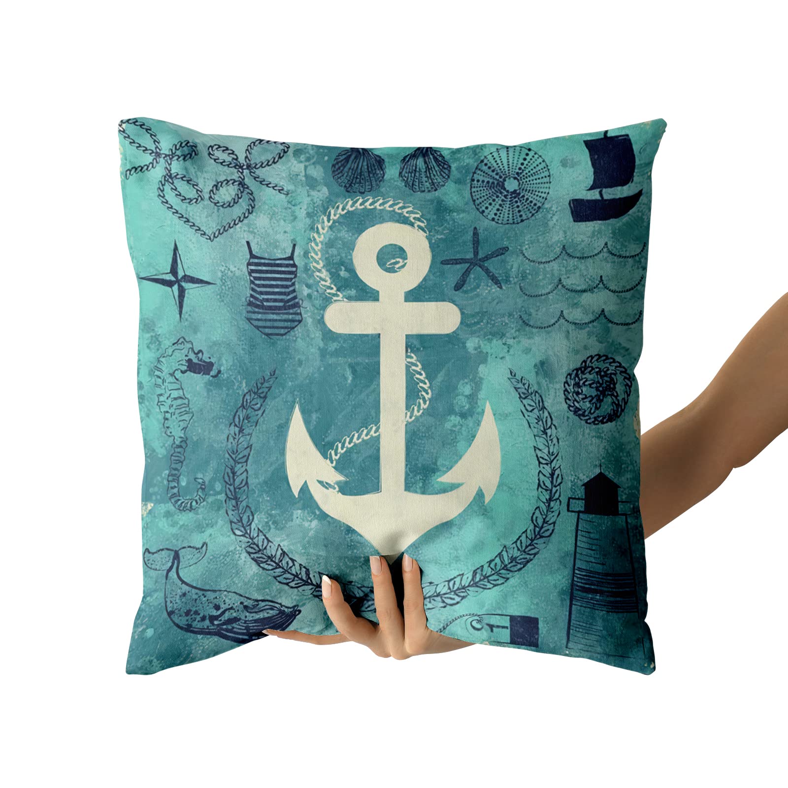 2PCS White Anchor Pillow Cases 18x18 Inch - Nautical Blue Throw Pillow Covers for Couch, Sofa, Bed - Boat Theme Decorative Cushion Covers for Bedroom, Living Room & Outdoor Use - Set of 2 Home Decor Accents