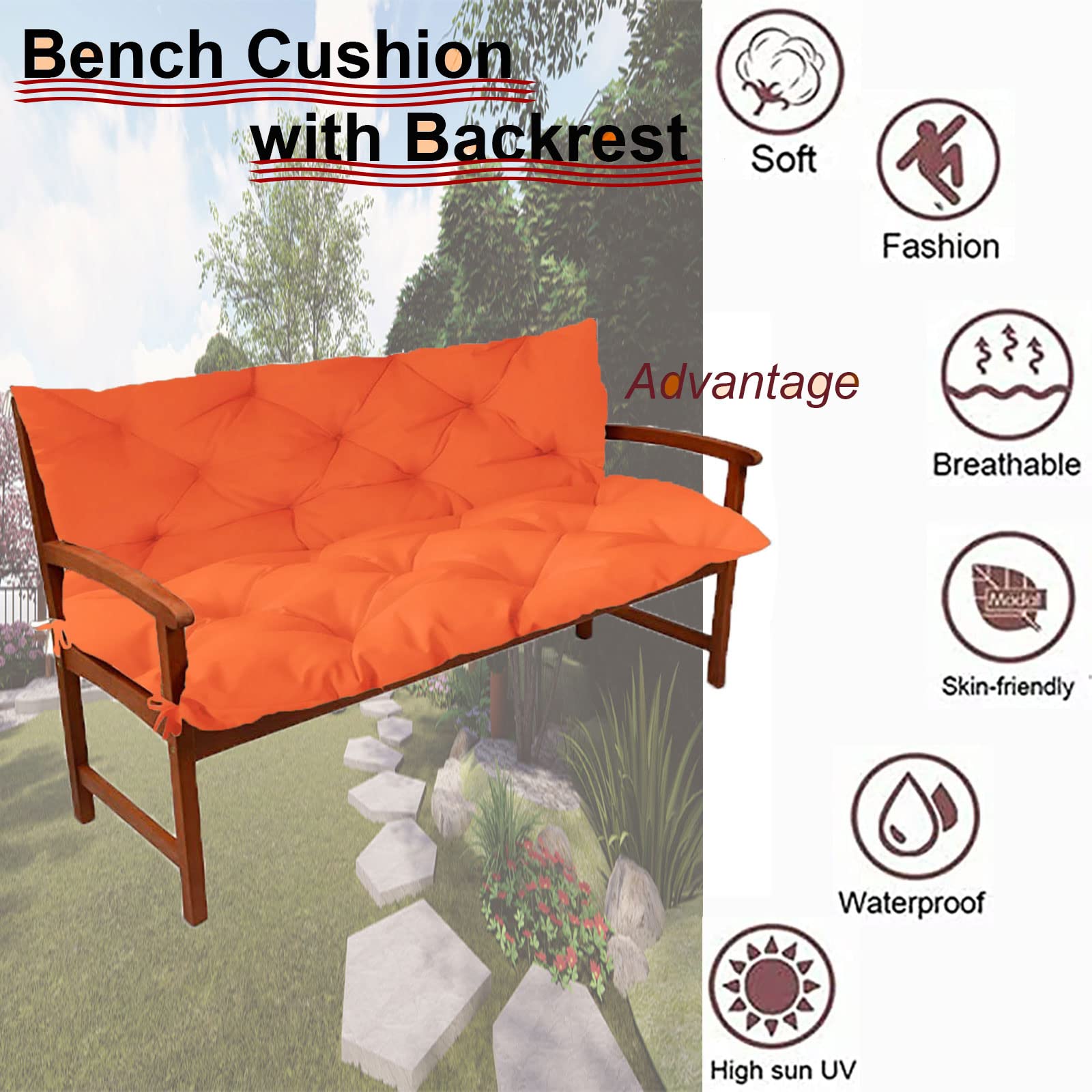 Waterproof Outdoor Swing Cushion Replacement - 2/3 Seater Garden Bench Cushion with Backrest (59x39x4 Inches, Orange) - Perfect for Patio, Porch & Backyard Relaxation