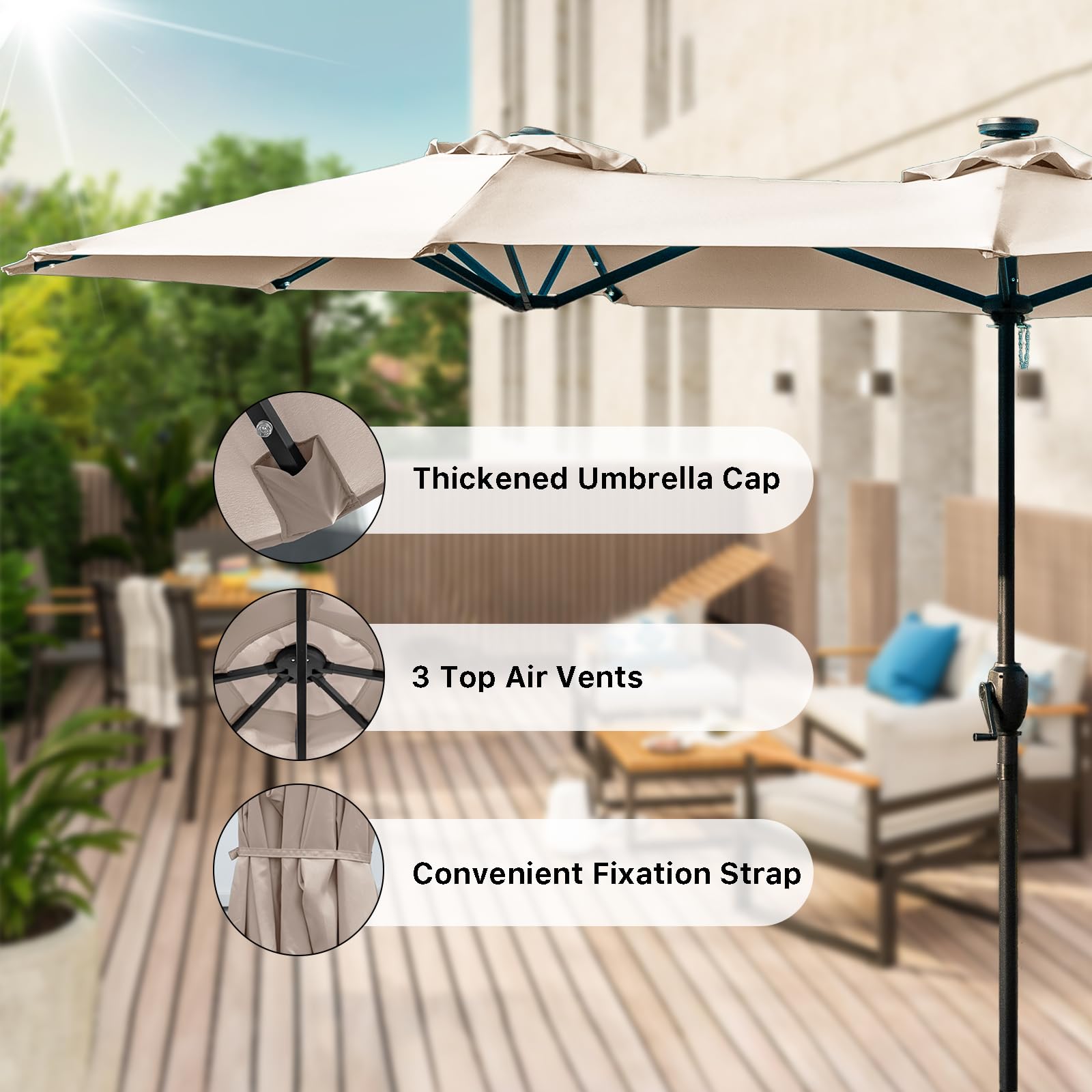 FREE SOLDIER 13ft Solar LED Patio Umbrella with 36 Lights - Double-Sided Outdoor Cantilever Umbrella for Garden, Yard, Poolside - Beige Waterproof Sun Shade for Relaxing & Outdoor Dining