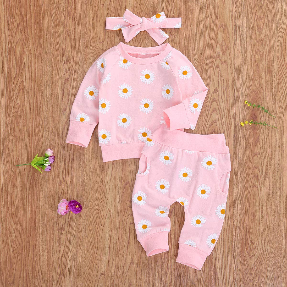 3Pcs Baby Girl Outfits - Daisy Print Sweatshirt, Pants & Headband Set | Soft Cotton Infant Winter Clothes for 0-24 Months | Perfect for Fall Photoshoots, Holiday Gifts & Playdates