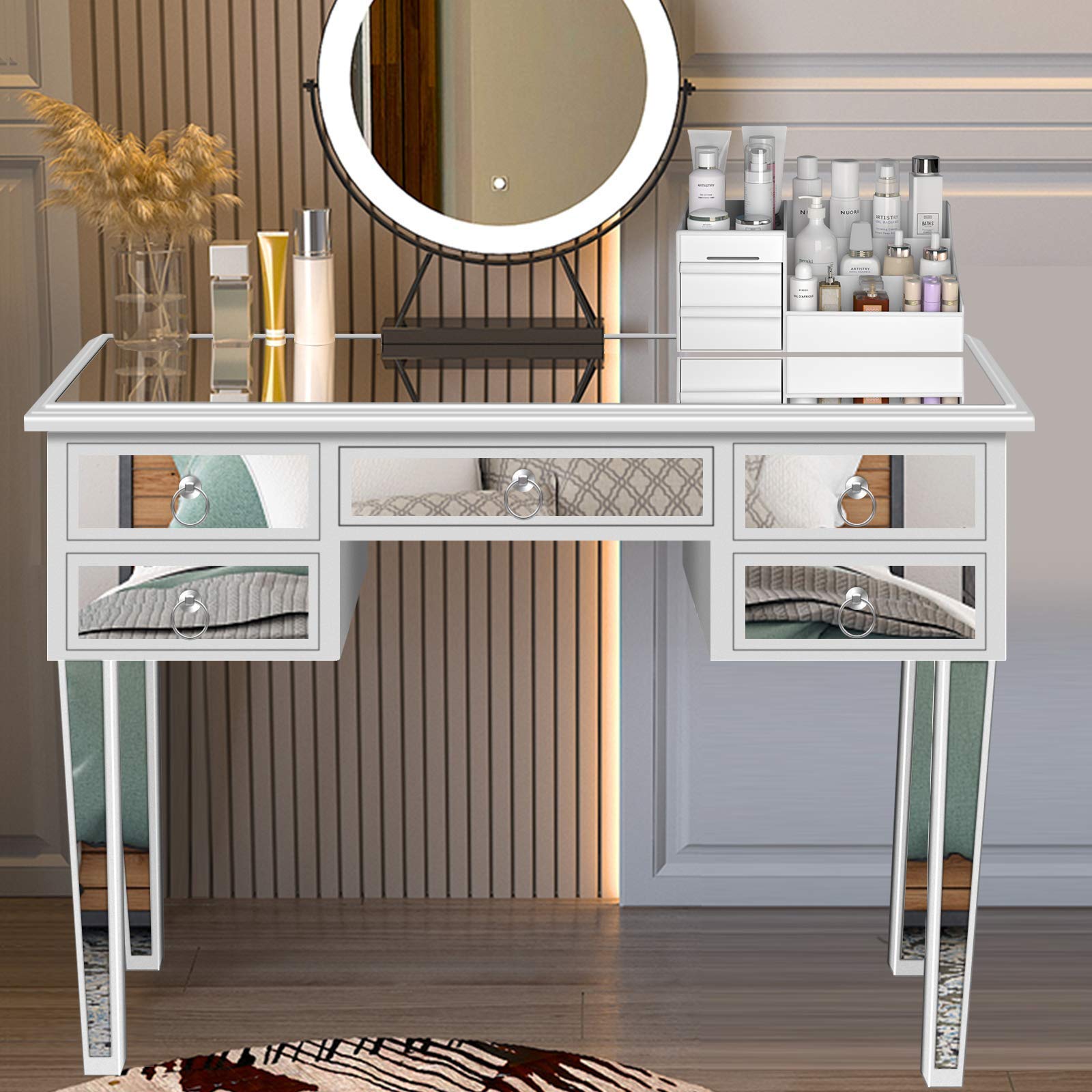 Henf Silver Mirrored Console Table with 5 Drawers - 41.73