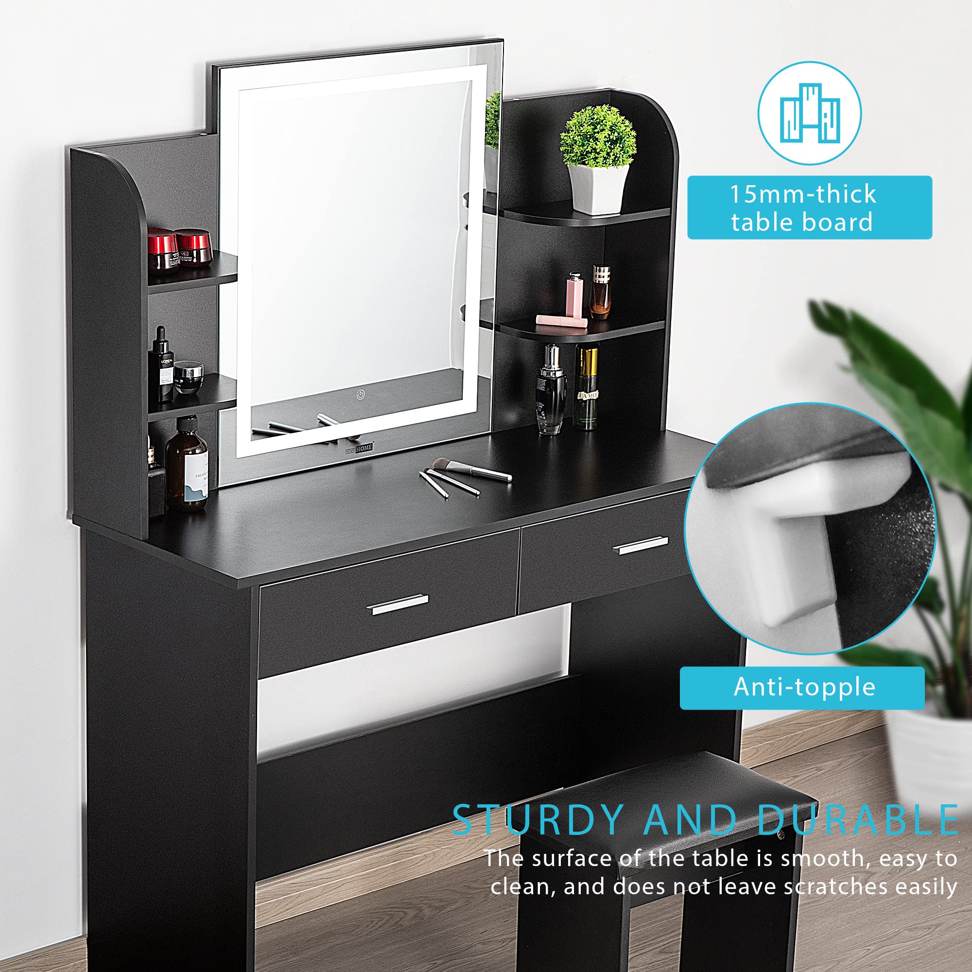 VIVOHOME Black Makeup Vanity Table Set with 3-Color Dimmable LED Mirror, 6 Storage Shelves & 2 Drawers, Includes Cushioned Stool - Perfect for Bedroom, Dressing Room & Beauty Salon Organization