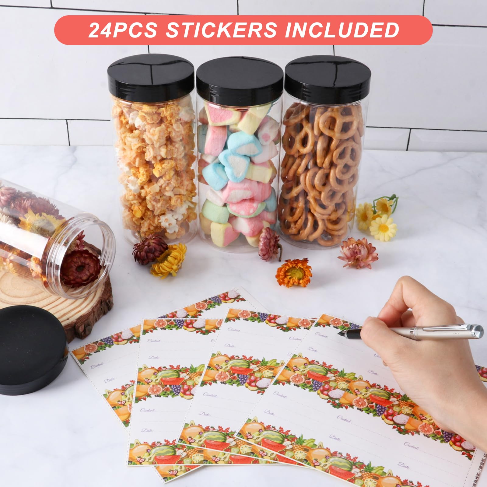 16oz Clear Plastic Jars with Lids (24-Pack) - Airtight Round Food Storage Containers for Nuts, Cookies, Dried Fruits & Small Snacks | Perfect for Pantry Organization, Meal Prep & Bulk Food Storage