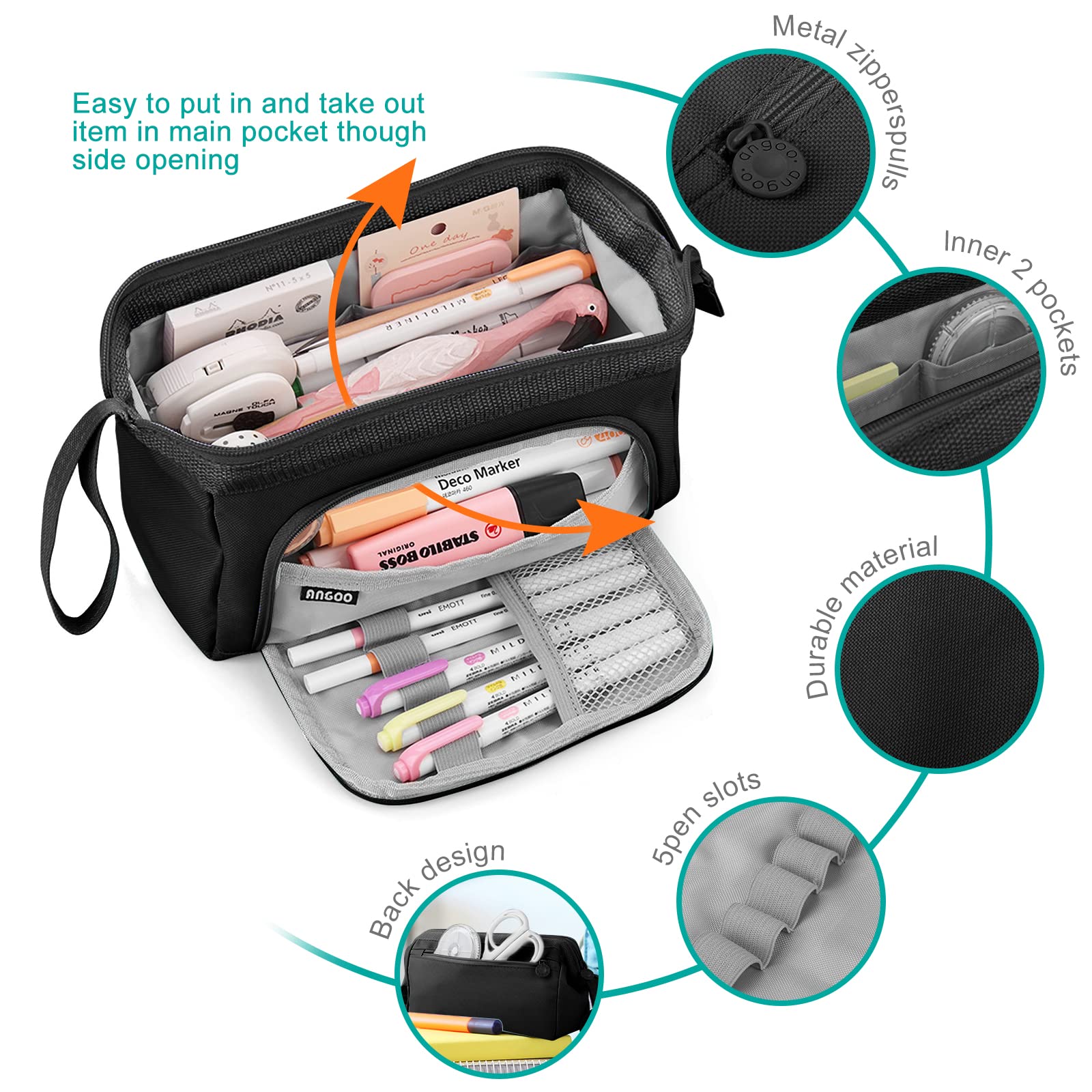 Mamowla Large Pencil Case for Girls & Women - Extra Big Zippered School Pouch with Smooth Zipper, Durable Stationery Organizer for Teens (Black) - Perfect for School, College, Office & Travel Organization
