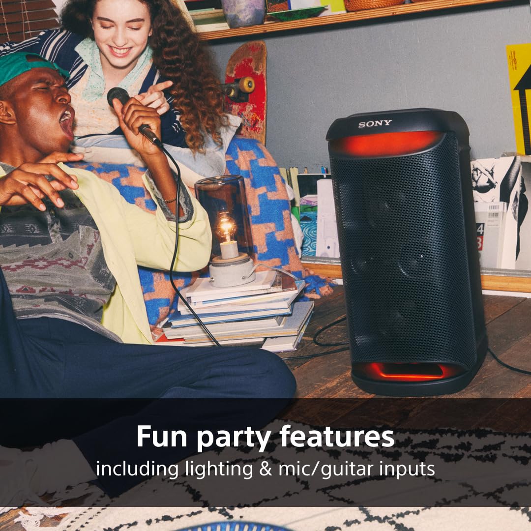 Sony SRS-XV500 Wireless Bluetooth Party Speaker with Powerful Sound, MEGA BASS, 25-Hour Battery - Portable Karaoke Speaker with LED Lights, IPX4 Waterproof, Mic/Guitar Inputs - Perfect for Outdoor Parties, Beach Trips & Home Entertainment (Black)