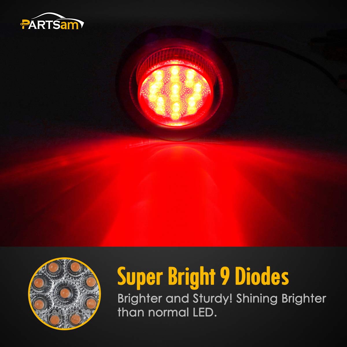 Partsam 5x 2 Inch Red LED Marker Lights - 9 LED Round Clearance Lights with Grommet & Pigtail for Trailers, Trucks, RVs & Campers - Clear Lens - Durable Cab Panel Lights for Nighttime Visibility & Safety