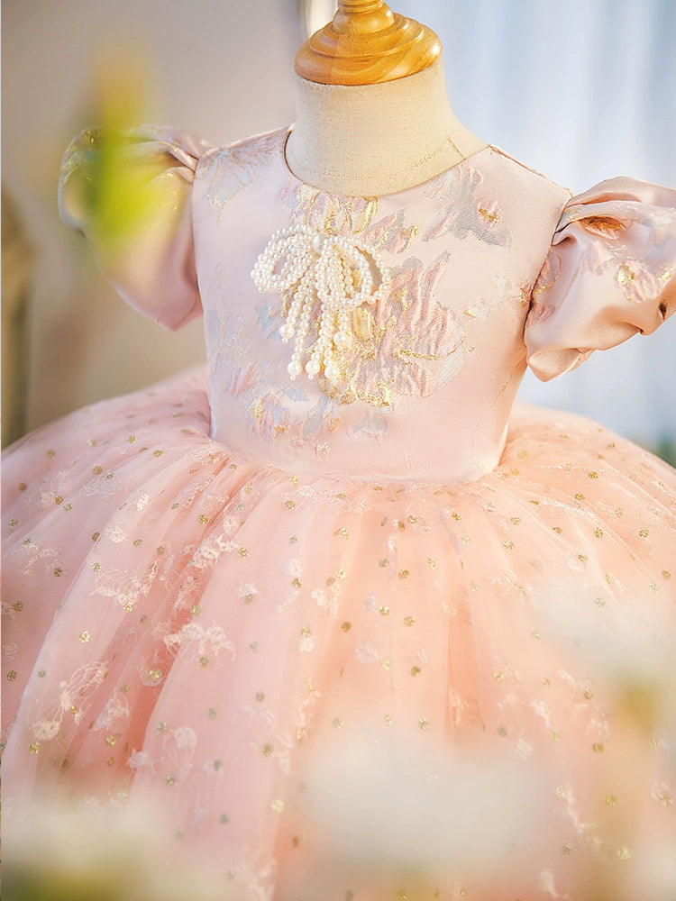 Pink Princess Round Tea Length Satin Flower Girl Dress for Weddings, Birthday Parties & Special Occasions