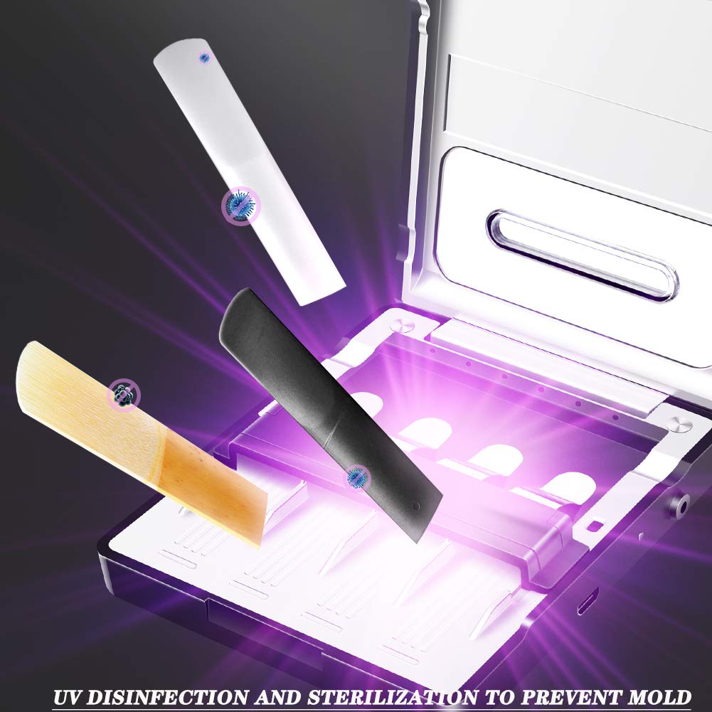 **Saxophone & Clarinet Reed Storage Case with UV-C Light - Multi-Instrument ReedCure Holder for All Sax & Clarinet Reeds - Cleaning & Maintenance Accessories (Black) - Perfect for Musicians, Students & Performers**