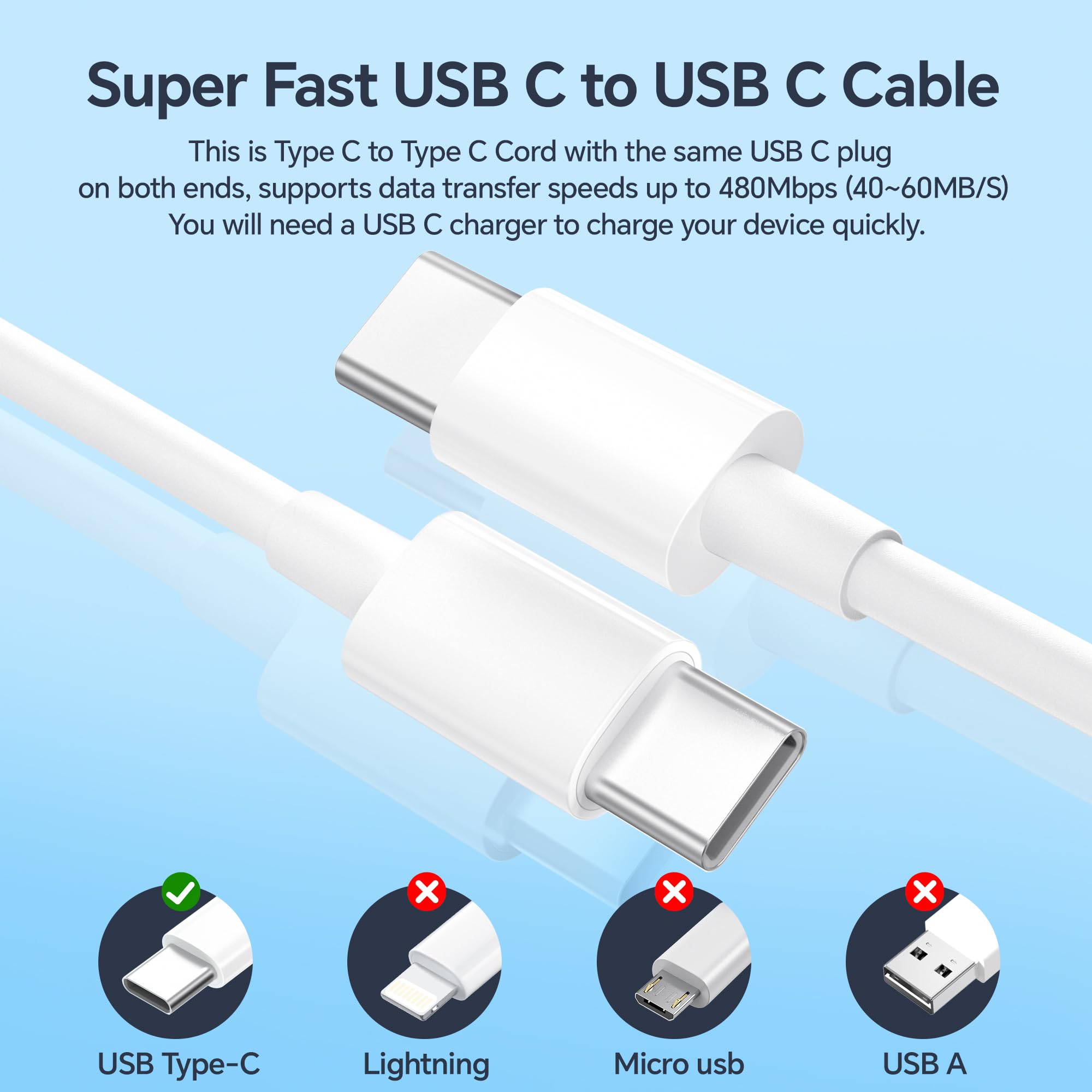 2-Pack 60W USB C to USB C Fast Charging Cable - 6ft Super Fast Charger Cord Compatible with iPhone 15 Pro Max, iPad Pro, Samsung Galaxy & Android Devices | Perfect for Home, Office & Travel Charging