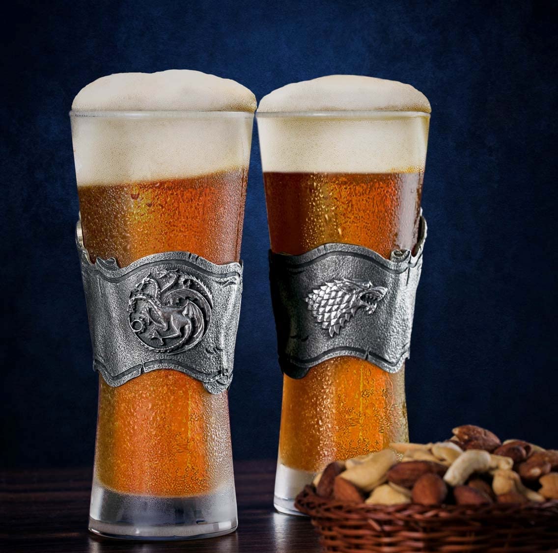 Royal Selangor Handcrafted Game of Thrones Pewter Beer Glasses Set - Ice & Fire Pilsner Pair (Gift for Fans, Medieval-Themed Parties, Collectors & Home Bar Decor)