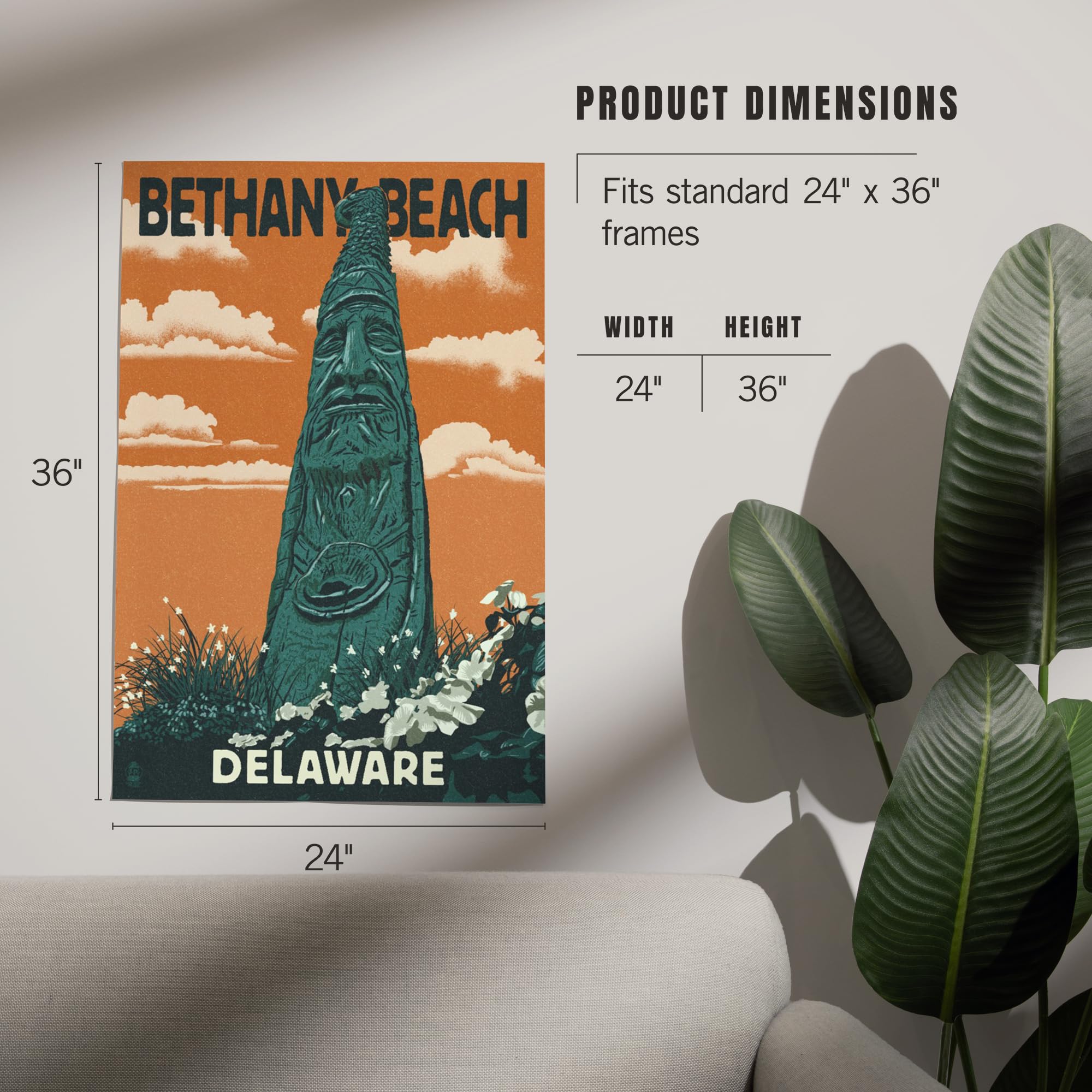 Lantern Press 24x36 Inch Giclee Art Print - Bethany Beach Delaware Totem Pole Letterpress Wall Decor | Coastal Home & Office Artwork for Living Room, Bedroom or Beach House