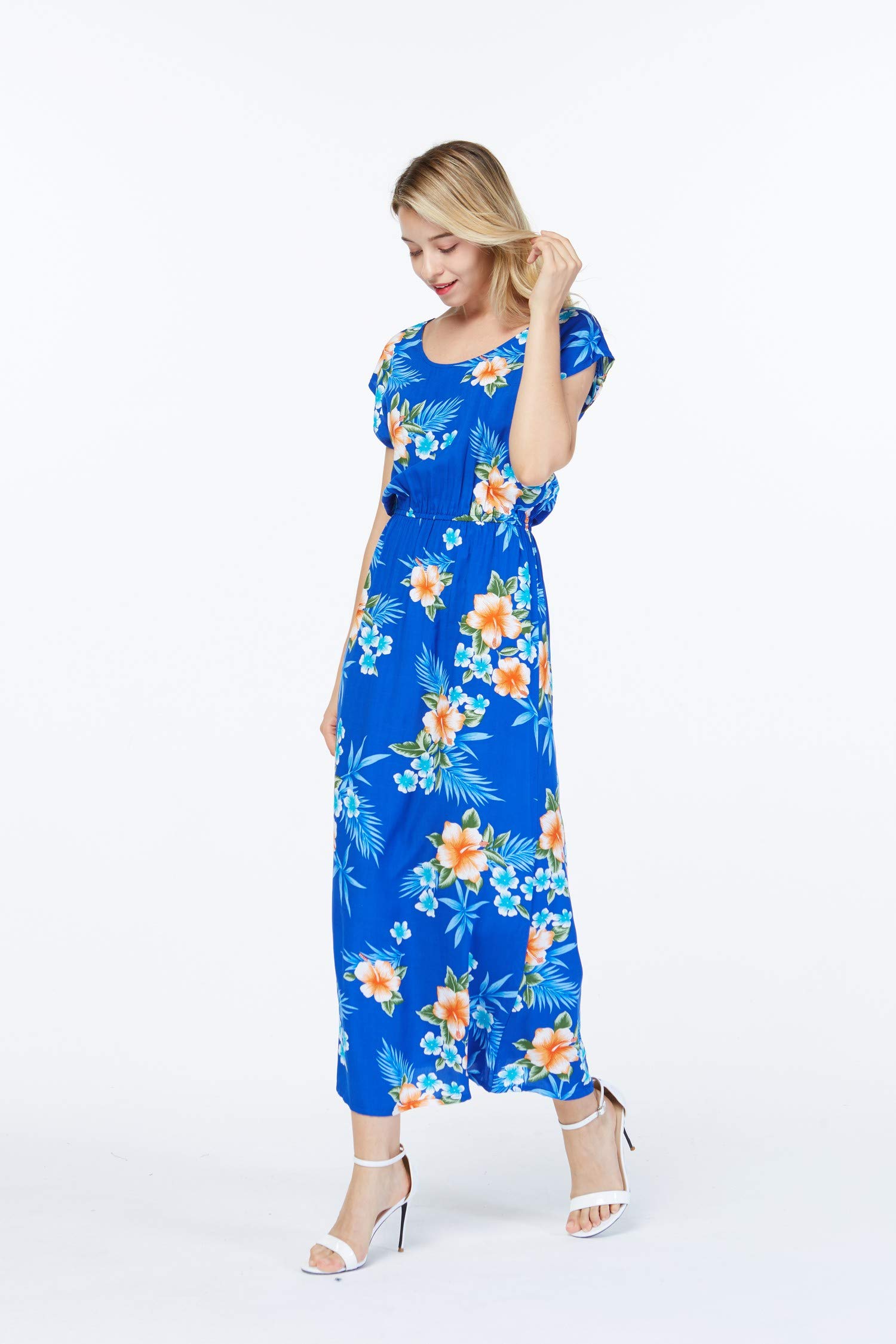 Hawaiian Floral Print Women's Maxi Dress - Cap Sleeve Luau Party Dress for Beach Vacation, Summer Outfits & Tropical Themed Events
