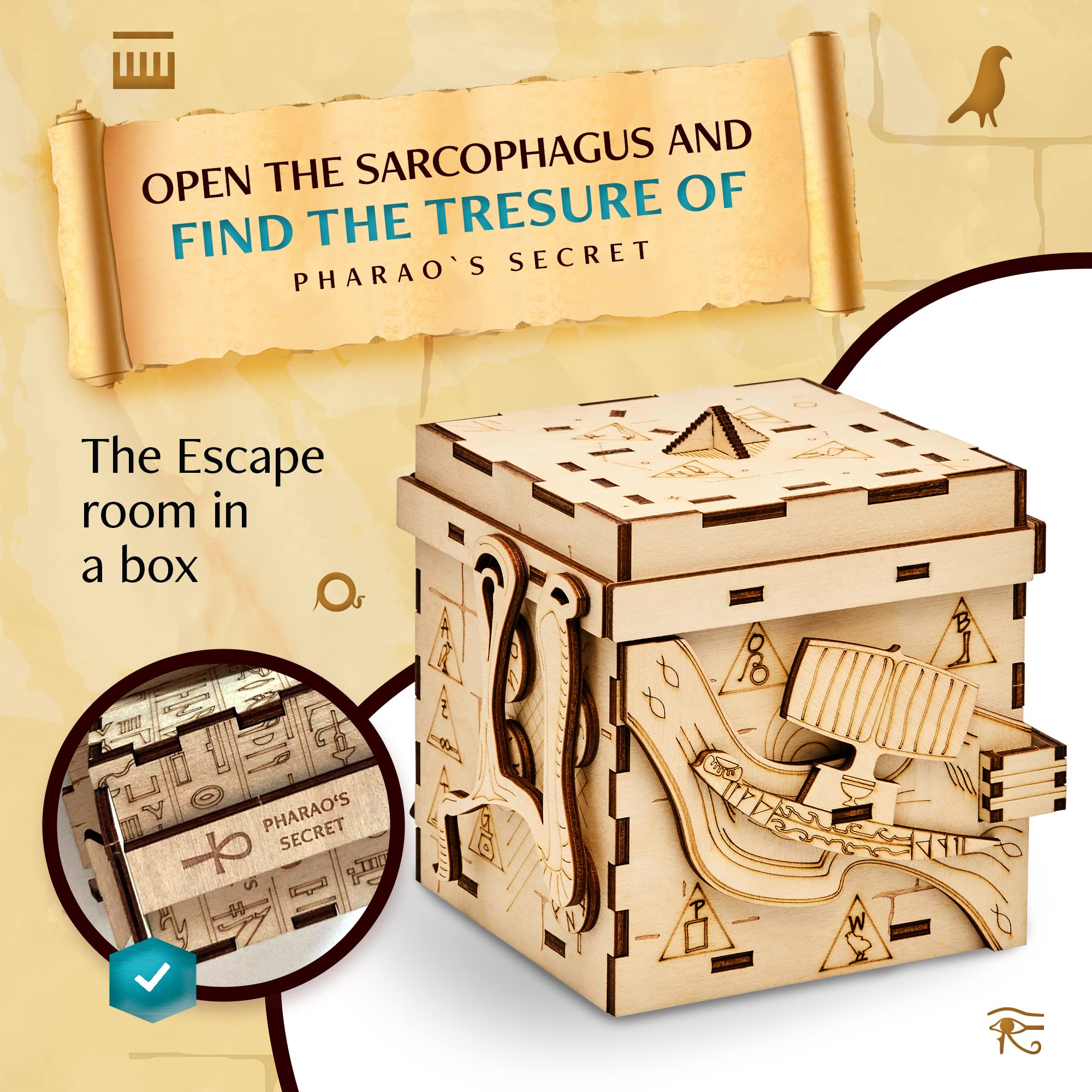 INSCAPE Pharaoh's Secret Puzzle Box - Wooden Escape Room Puzzle for Adults with Hidden Compartments - Challenging Brain Teaser & Cluebox Game - Perfect Birthday Gift for Puzzle Lovers (Great for Game Nights, Team Building & Escape Room Enthusiasts)