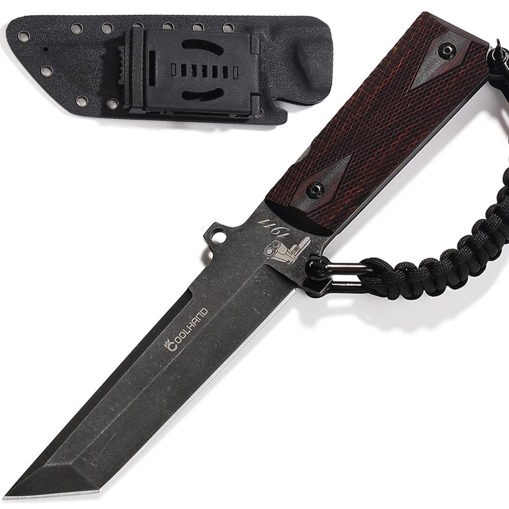 Cool Hand Beast Survival Hunting Knife with Sheath - D2 Steel Tanto Fixed Blade, Black Stone Washed 0.2