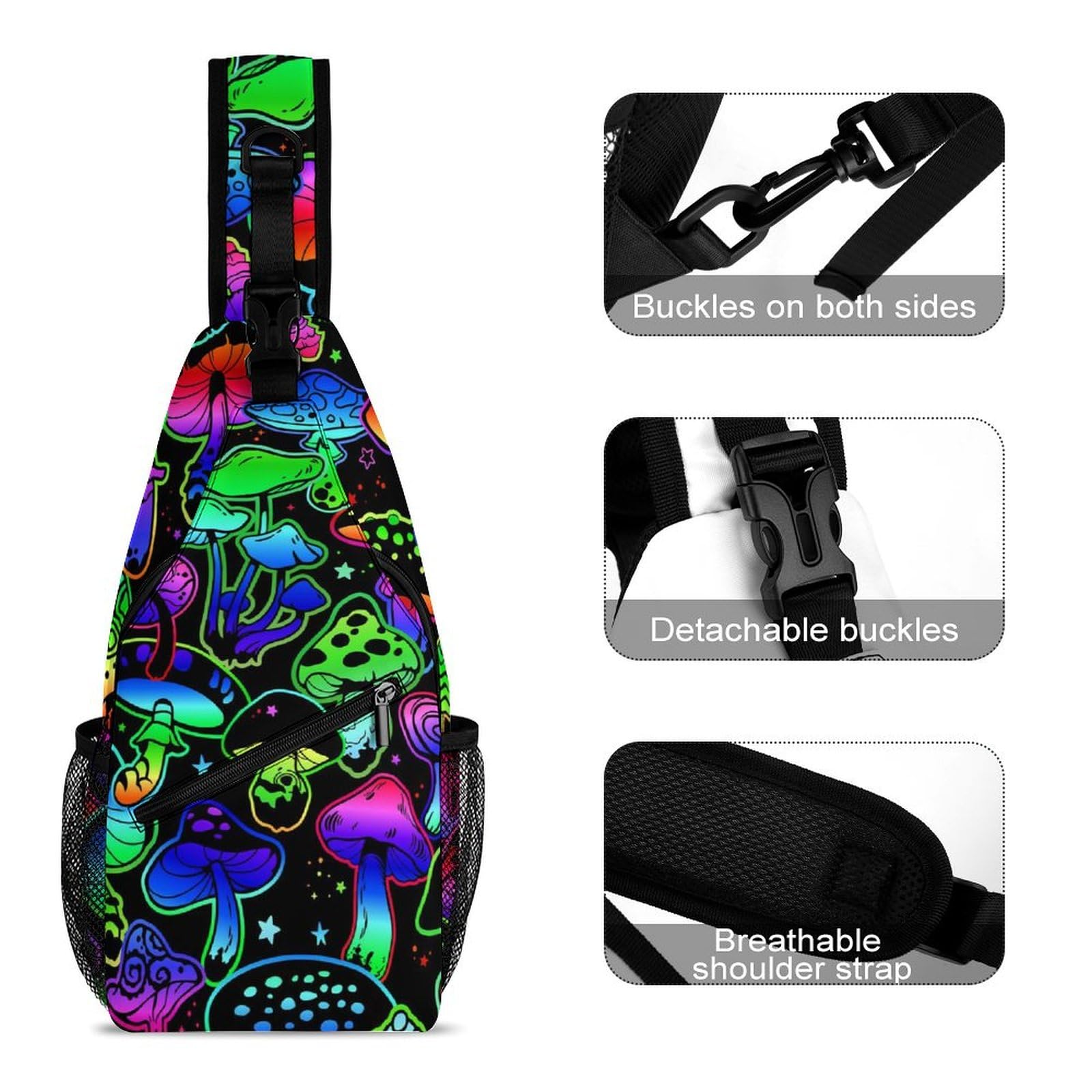 Anti-Theft Sling Bag for Women & Men - Gothic Hippie Neon Mushroom Chest Pack - Crossbody Shoulder Backpack for Hiking, Cycling, Travel & Outdoor Adventures