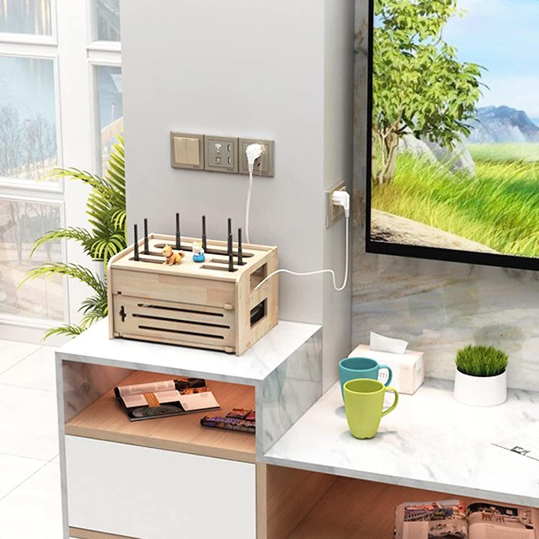 Wooden WiFi Router Storage Box with Wall Mount - Cable Management Organizer for Routers, Modems, TV Set-Top Boxes & Wires - Perfect for Home Office, Living Room & Entertainment Center Organization
