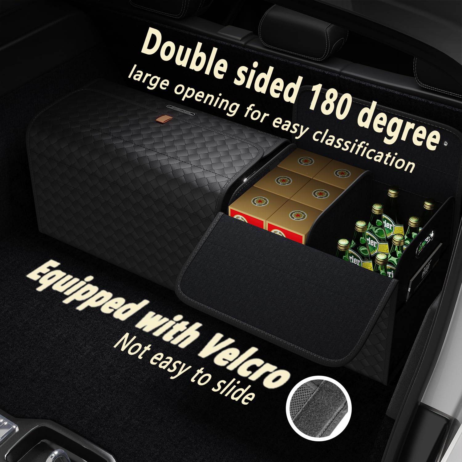 Premium GMQ Leather Car Trunk Organizer - Large Capacity Collapsible Storage for SUV, Truck, MPV (Black, L) | Perfect for Road Trips, Grocery Shopping & Vehicle Organization
