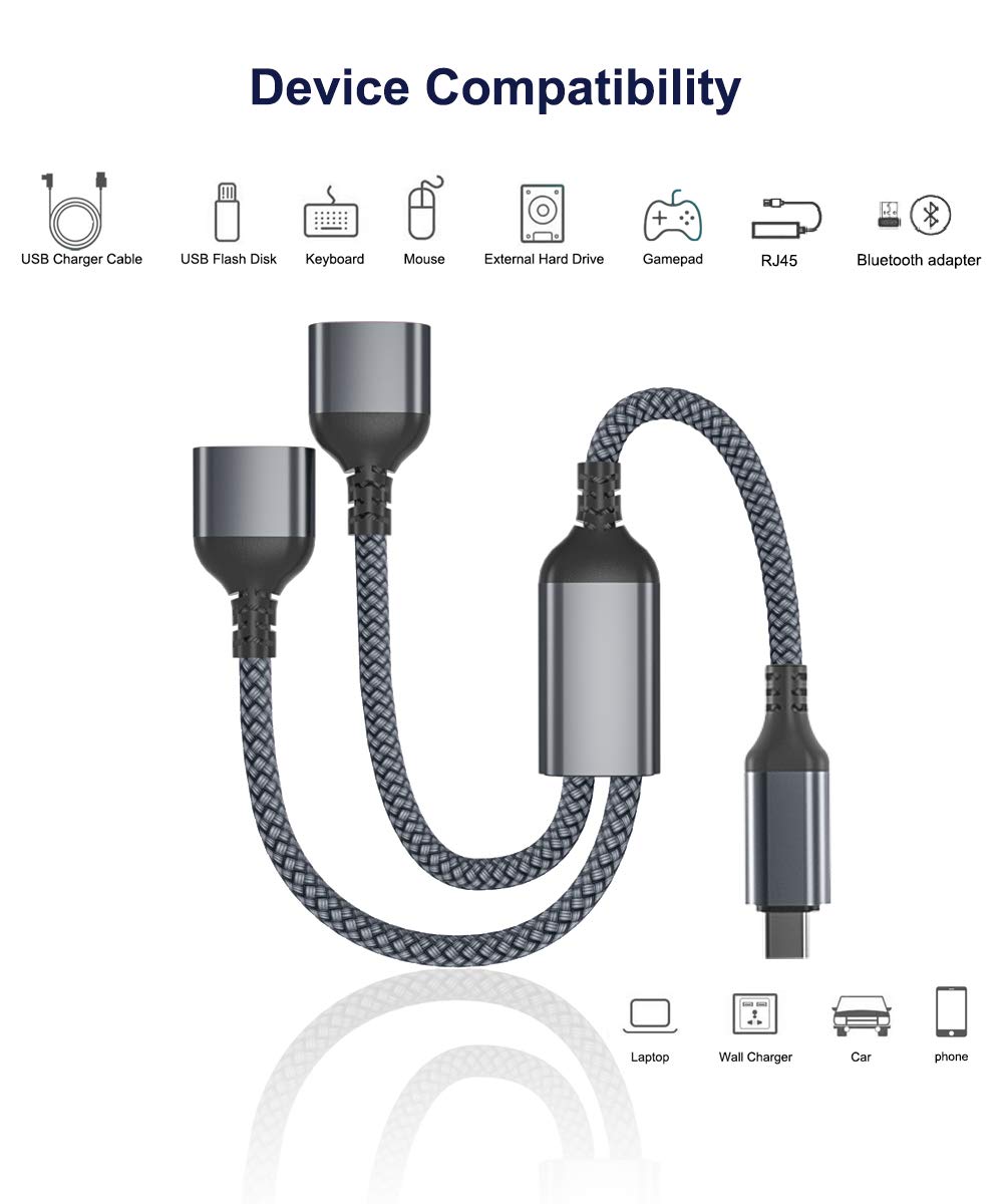 Basesailor USB C to Dual USB A Splitter Cable 1FT - Thunderbolt 3 to USB 2.0 OTG Adapter for iPhone 16/15 Pro Max, MacBook Pro, iPad Air 5/4, Mini 6, Surface, Galaxy S24 - Charge & Sync 2 Devices Simultaneously for Home, Office & Travel