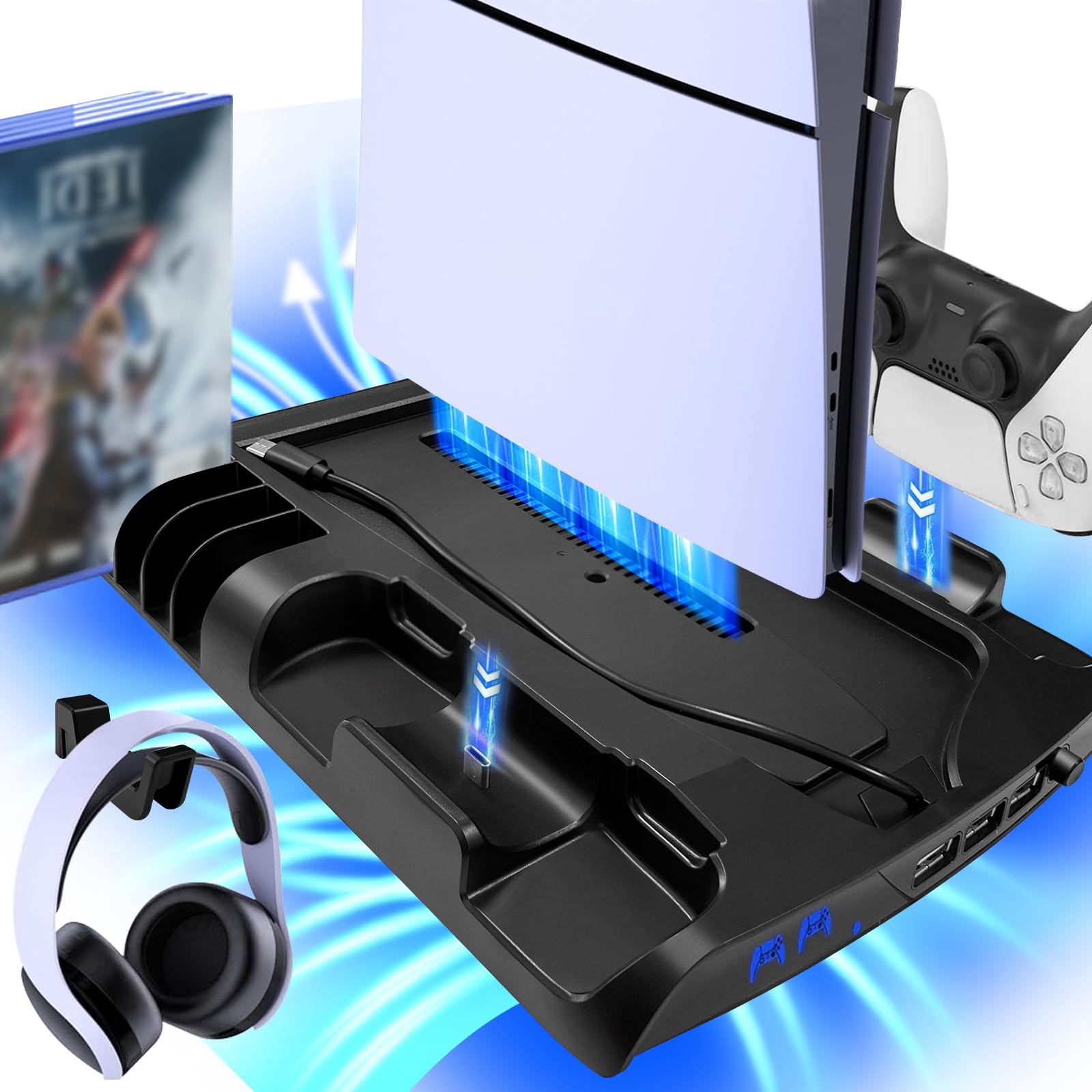 FONGWAN PS5 Slim Vertical Stand with Cooling Fan & Dual Controller Charger Station - Headset Holder & 8 Game Storage Slots - Compatible with Playstation 5 Slim Disc/Digital Edition - Perfect for Gaming Setup & Console Organization