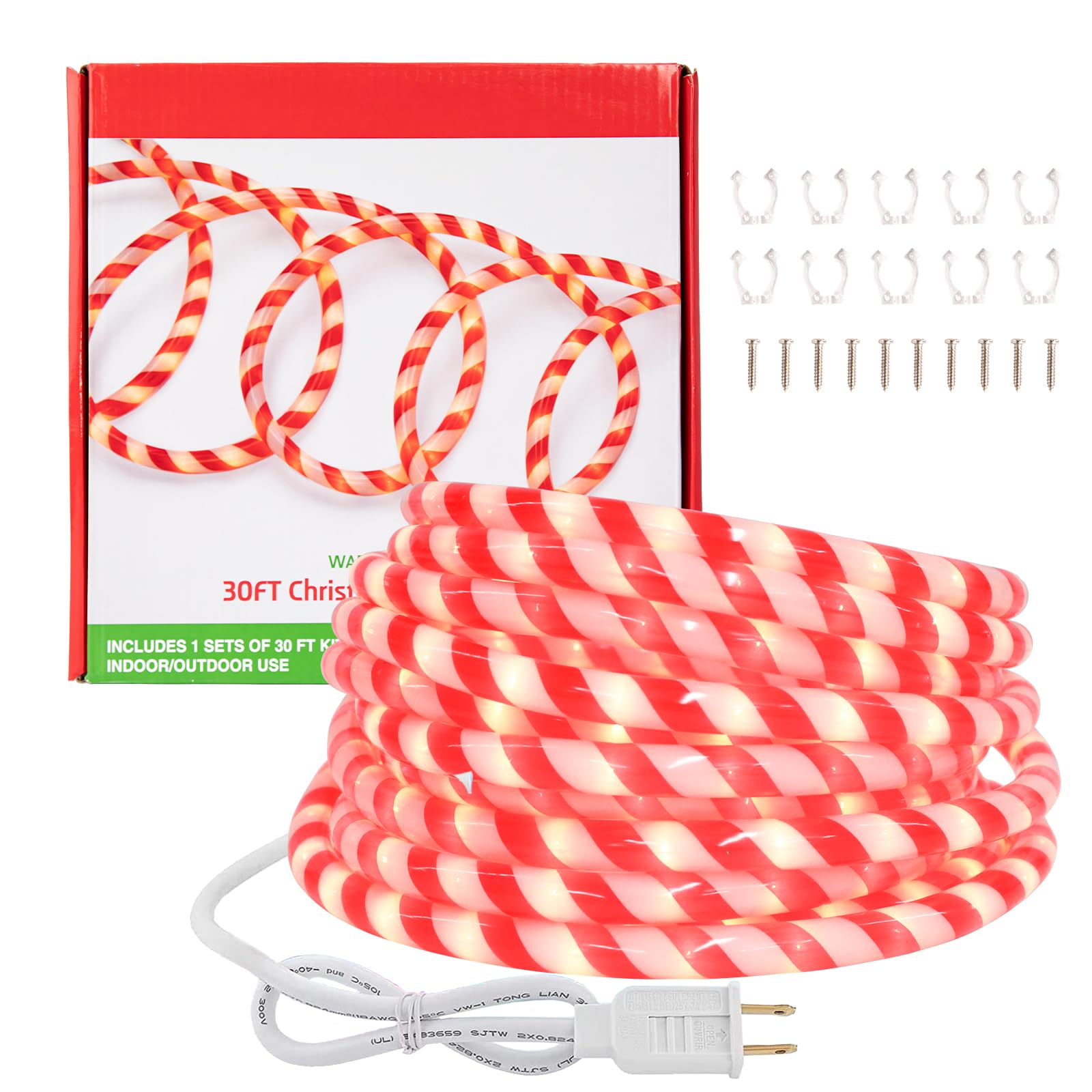 30FT LED Christmas Candy Cane Rope Lights - IP65 Waterproof Connectable Fairy Tube Lights for Outdoor, Patio, Garden, Christmas Tree & Holiday Decorations | Perfect for Xmas Party, Winter Wedding, and Festive Home Decoration