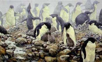 John Seerey-Lester Spring Flurry Adelie Penguins Art Print - Wildlife Antarctic Painting for Home & Office Decor