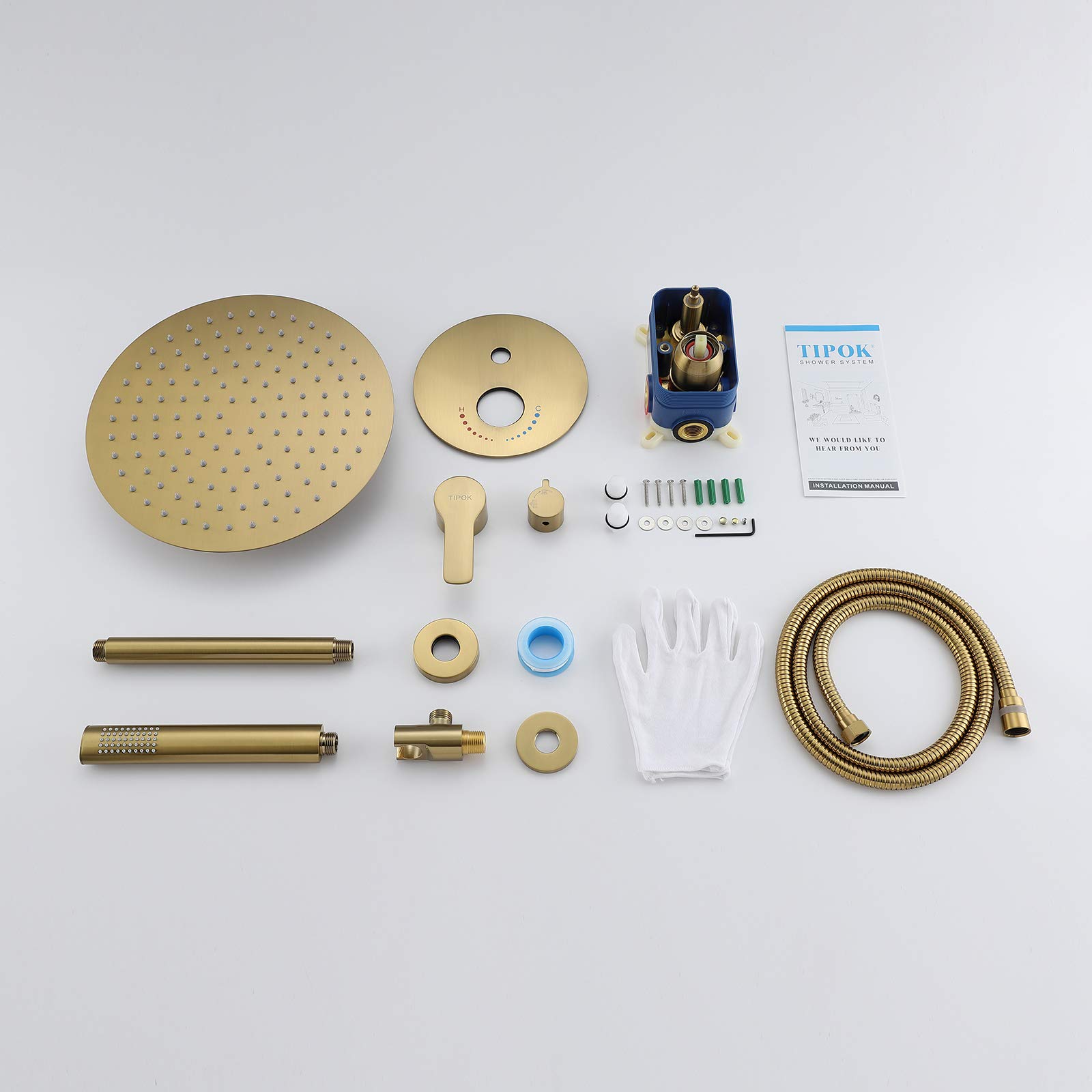 TIPOK 12 Inch Gold Rain Shower System - Ceiling Mount Brushed Gold Shower Faucet with Handheld Sprayer & Valve | Luxury Bathroom Upgrade for Spa-Like Experience