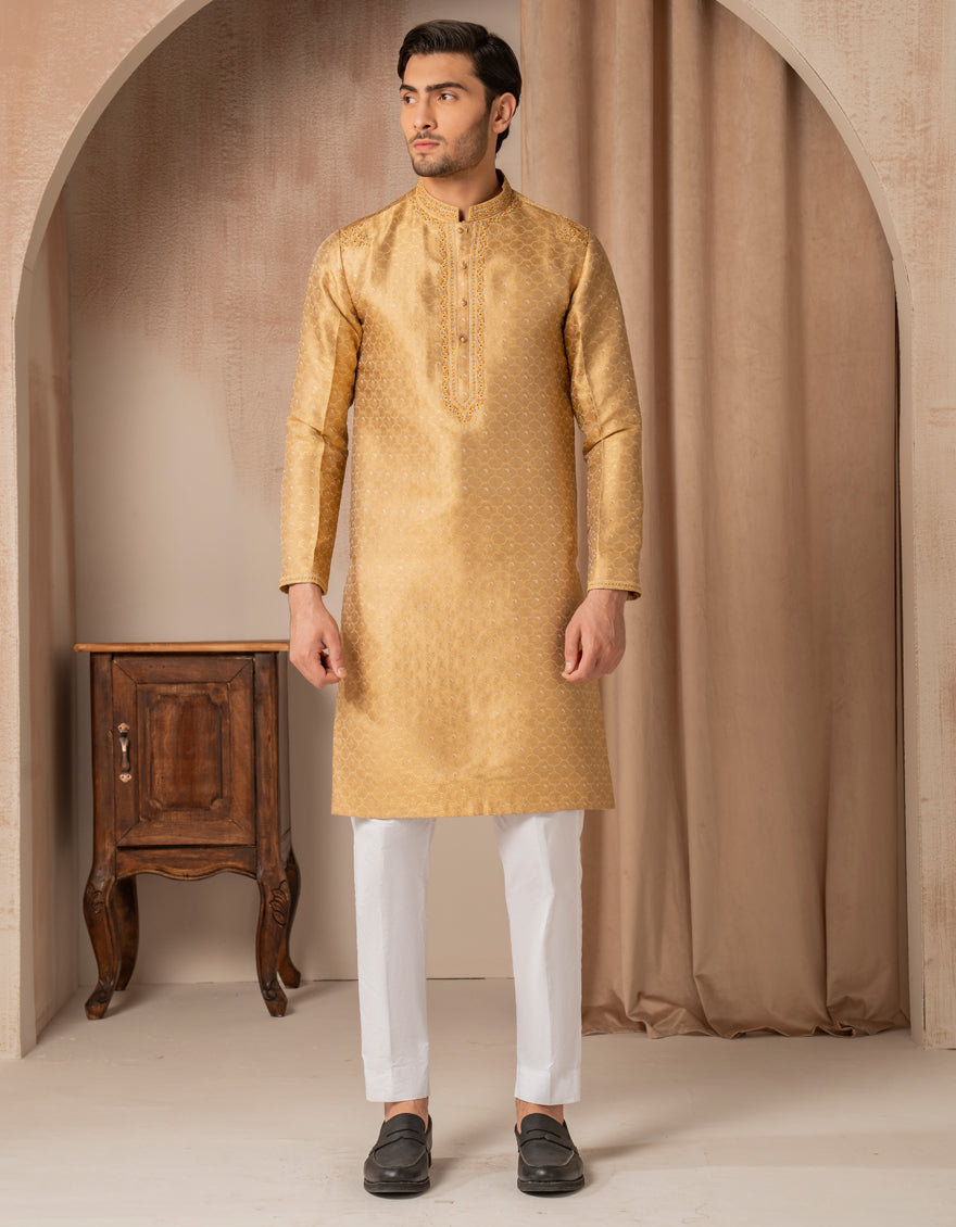 Premium Blended Golden Special Kurta by J. Junaid Jamshed - Elegant Pakistani Traditional Wear for Men, Perfect for Eid, Weddings & Festive Occasions