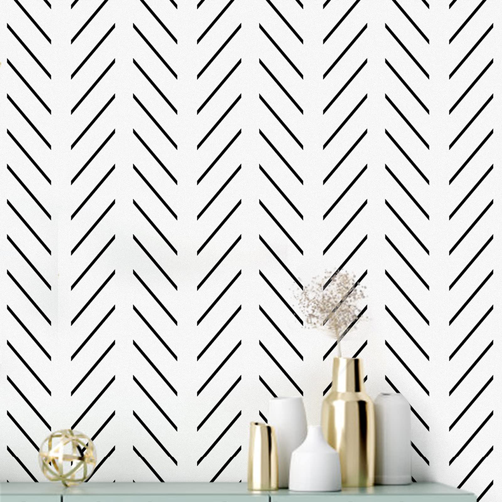 Modern Black & White Herringbone Peel and Stick Wallpaper - Self-Adhesive Removable Contact Paper (17.7