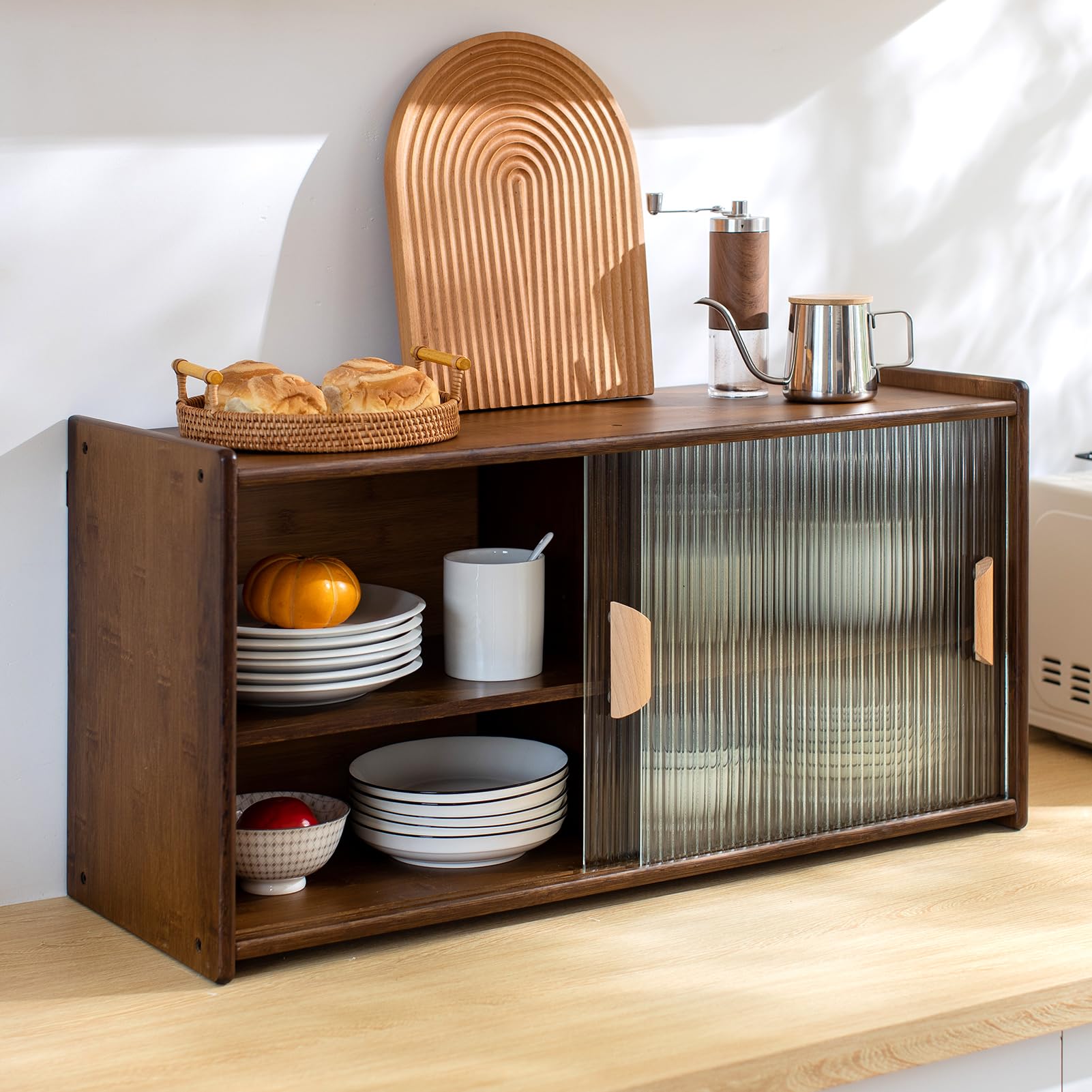 HollyHOME Small Bamboo Wall Mounted Kitchen Pantry Cabinet with 2 Doors - Coffee & Wine Bar Storage for Liquor, Glasses, Bottles & Dishes - Compact Sideboard for Dining Room, Living Room & Kitchen Organization (Walnut Finish)