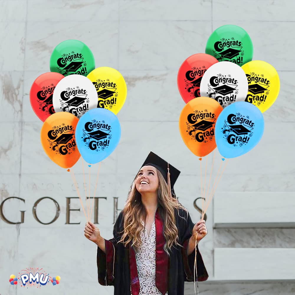 Premium PMU Graduation Balloons - 12-Pack All-Over Print Black Grad Cap Latex Balloons for Graduation Party Decorations | Perfect for College, High School & University Graduation Celebrations, Commencement Decor & Grad Party Supplies