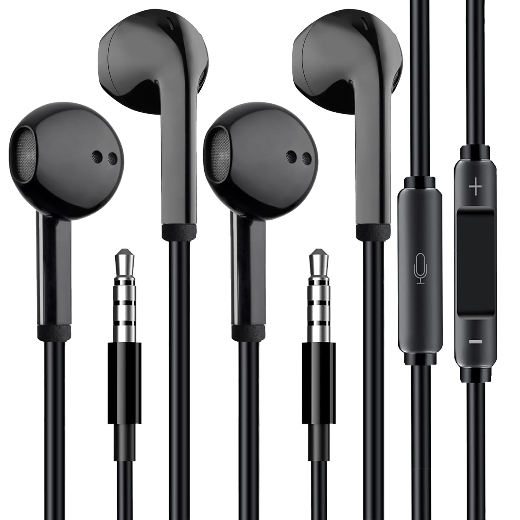 Noise Cancelling Wired Earbuds with Mic - 3.5mm In-Ear Headphones with Volume Control, Gaming Headset, Aux Corded Earphones for iPhone, Android, PC (2 Pack, Dark Black) - Perfect for Gaming, Workouts & Commuting