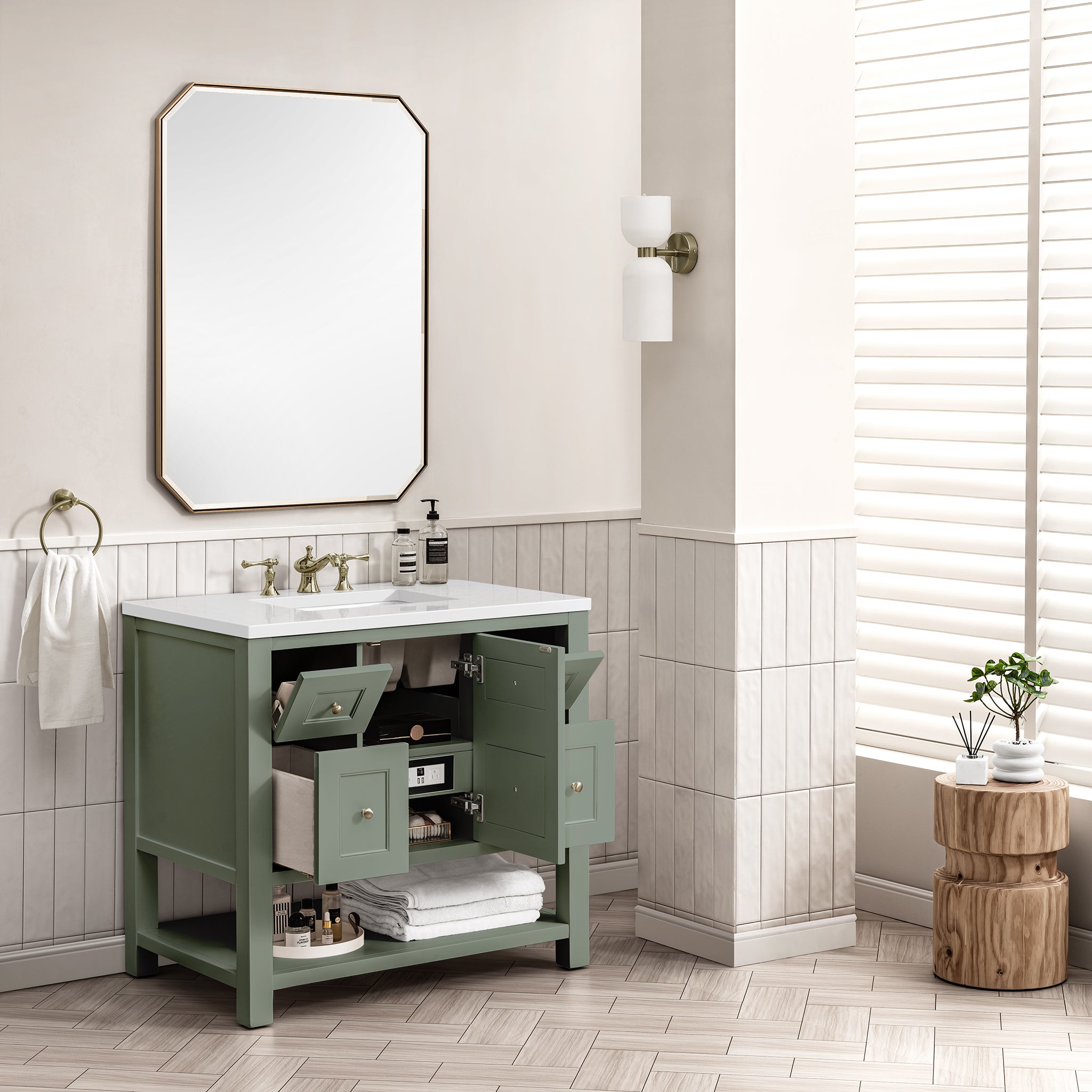 Breckenridge 36 Inch Single Bathroom Vanity with Smokey Celadon Finish & 3CM White Zeus Countertop - Perfect for Modern Home Bathroom Remodeling and Small Space Design