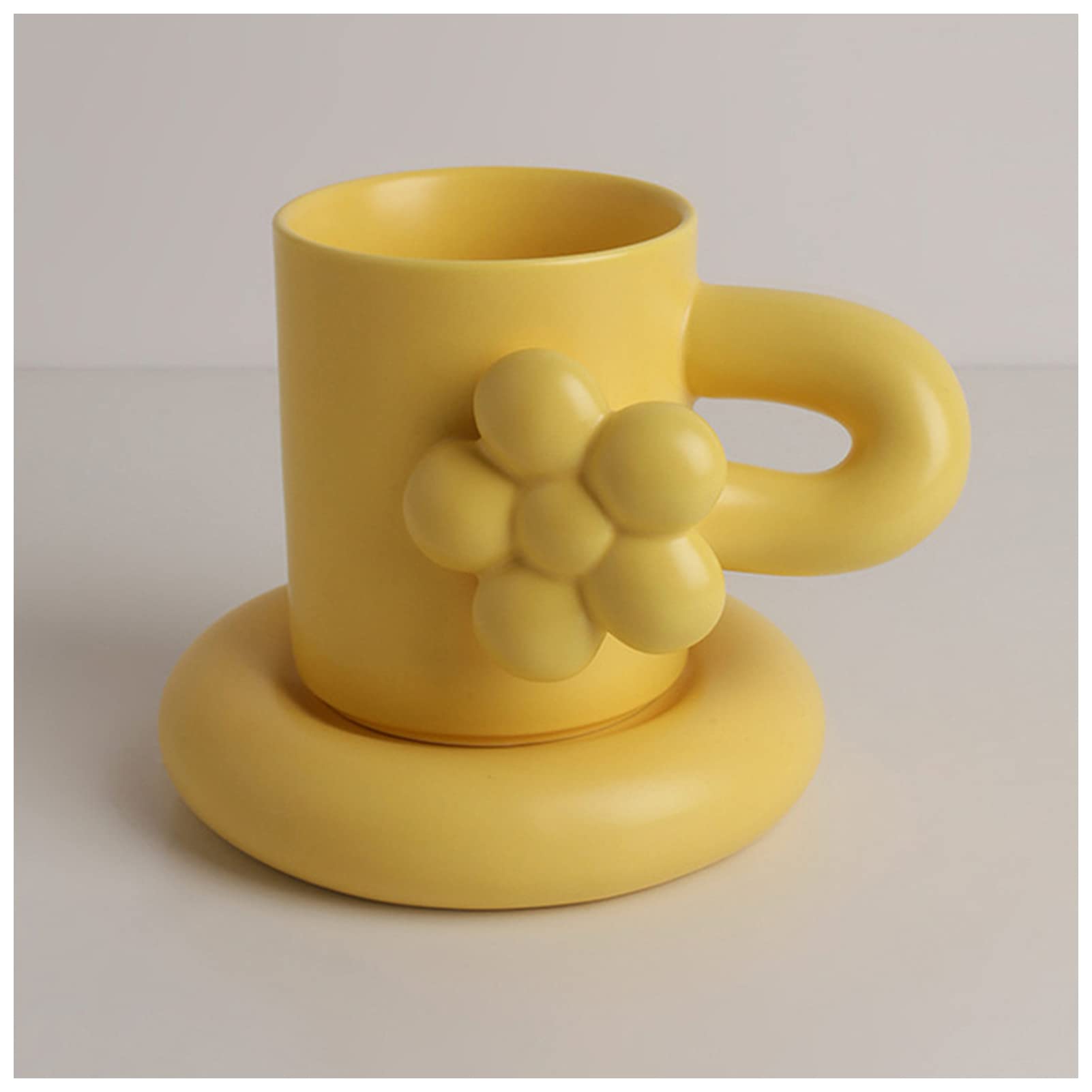 Nordic Style 12oz (325ml) Handmade Creative Coffee Mug with Spin Ball Handle & Plate - Yellow, Perfect for Home Decor, Tea Time, and Personalized Gifts for Her - Ideal for Cozy Mornings, Afternoon Tea, and Stylish Kitchen Decor