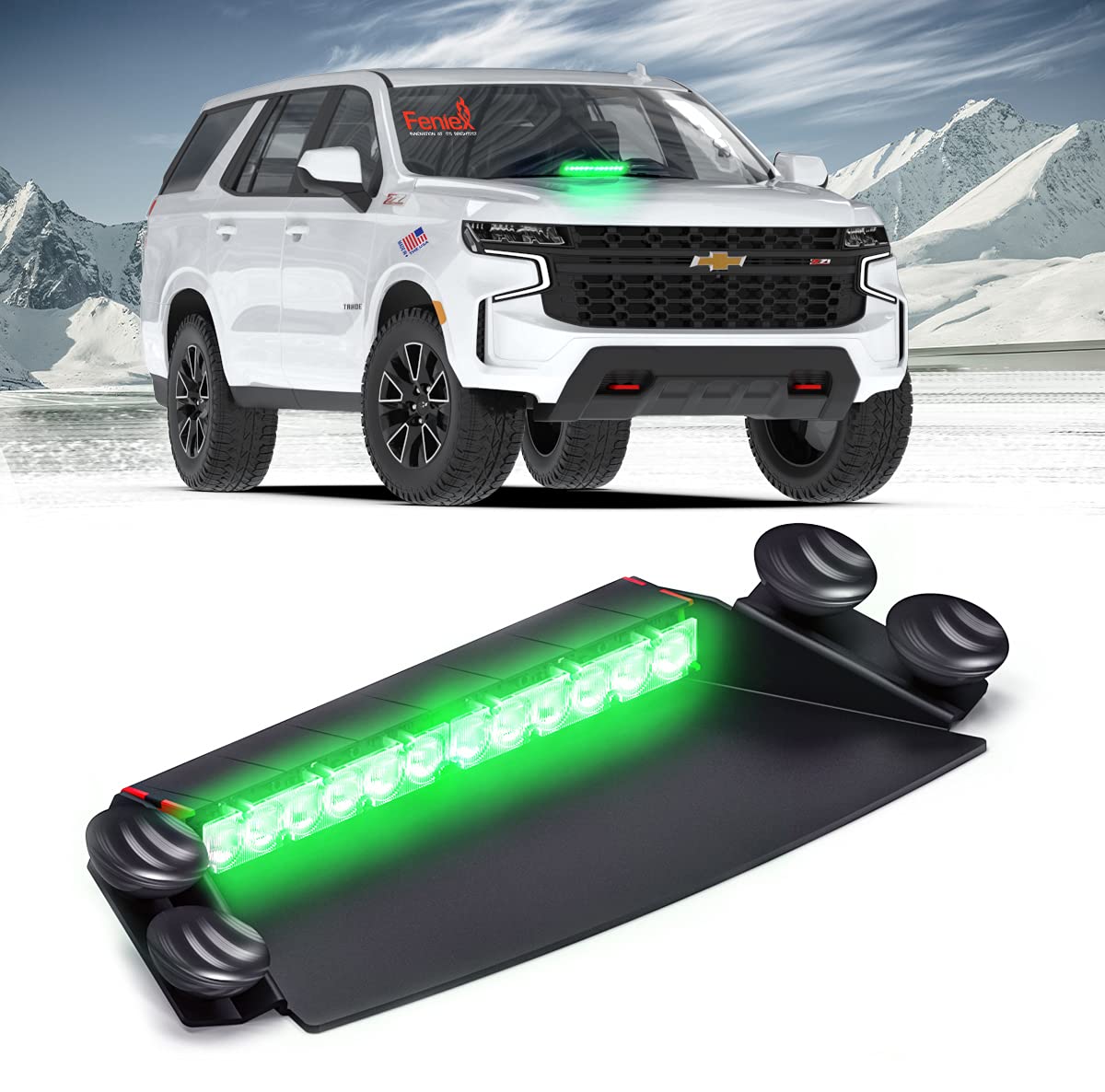 Feniex Industries Fusion-S 2X Green LED Dash Light with Controller Switch - Emergency Vehicle Strobe Light for Police, Fire, Security & Construction Vehicles