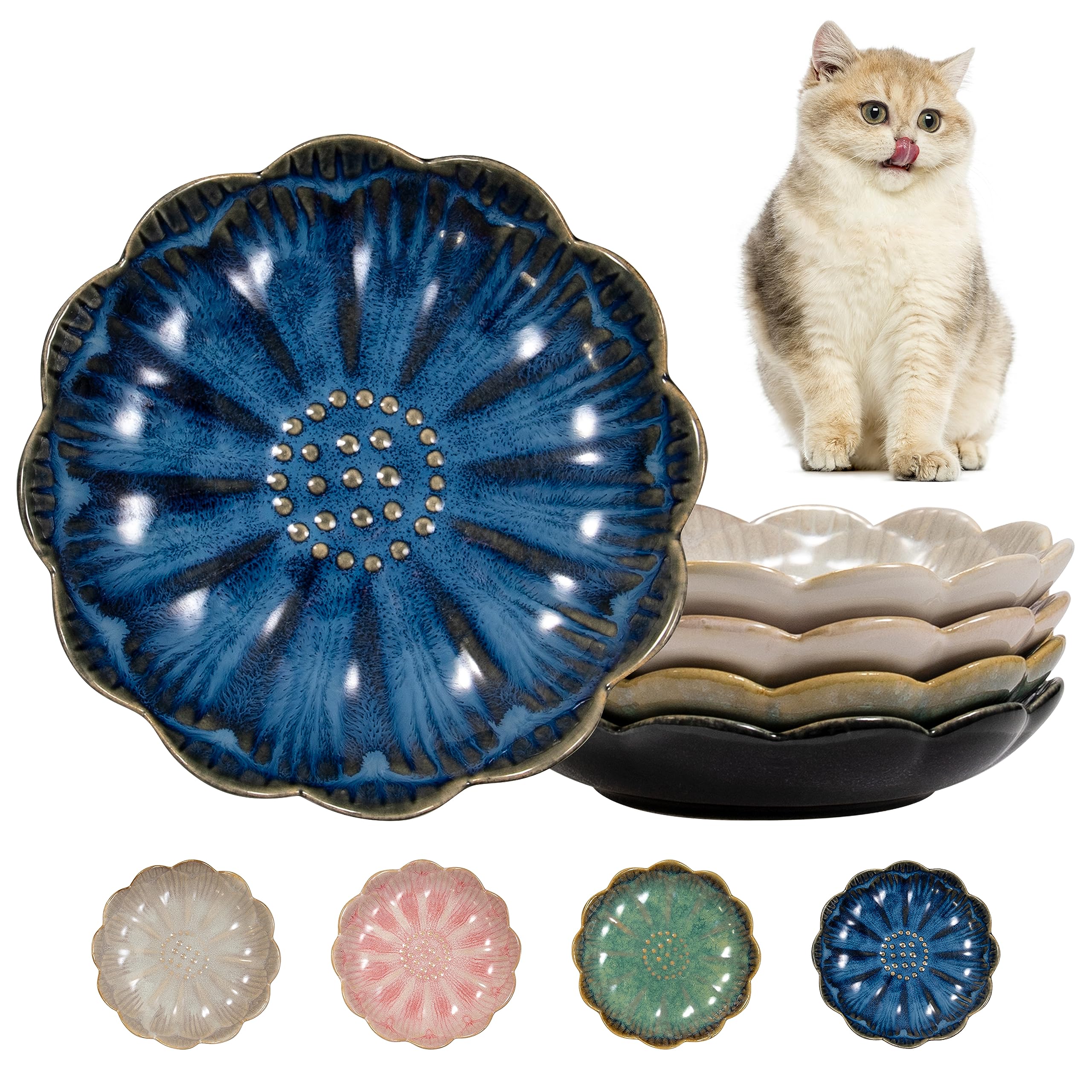 4-Pack Ceramic Cat Bowls for Wet Food - 5.5 Inch Whisker-Friendly Shallow Dishes, Microwave & Dishwasher Safe - Perfect for Kittens, Adult Cats & Multi-Pet Homes