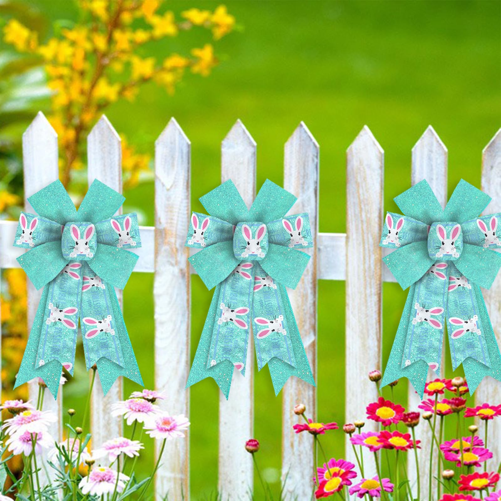 2 Pack Glitter Blue Burlap Easter Bows for Wreaths - Cute Bunny Craft Bows for Spring Door Decor, Easter Party, Birthday Celebration & Home Decoration