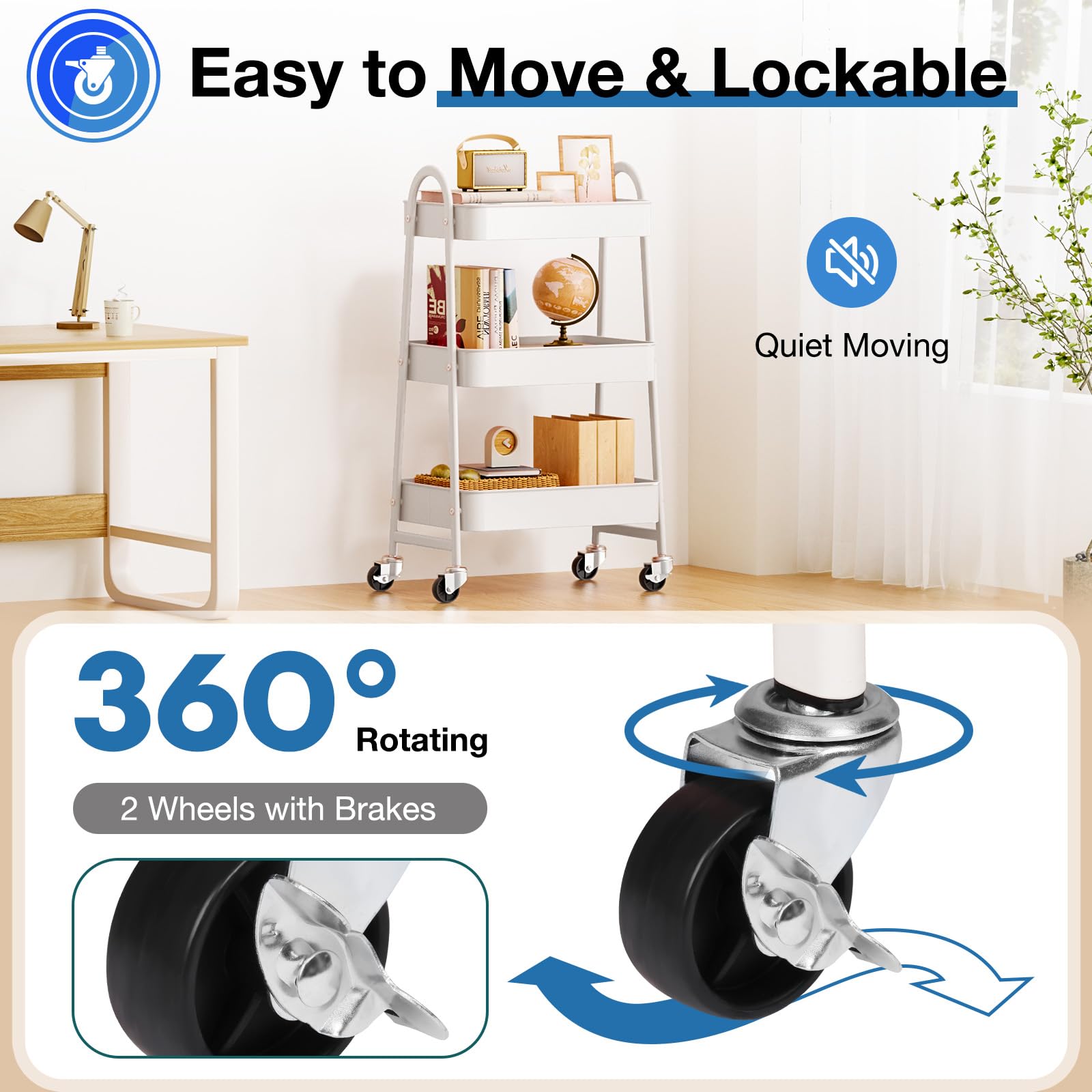 OLIXIS 3-Tier Metal Rolling Cart with Lockable Wheels - Mobile Storage Shelf Organizer for Kitchen, Bathroom, Living Room & Small Spaces - White - Perfect for Home Organization, Office Supplies & Closet Storage