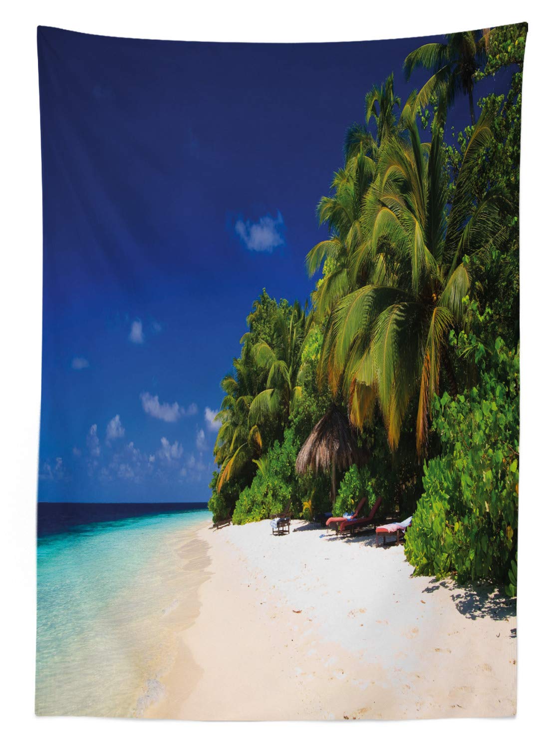 Ambesonne Tropical Outdoor Tablecloth - Sandy Beach Coast with Exotic Trees Maldives Paradise Scenery - Washable Picnic Table Cover 58
