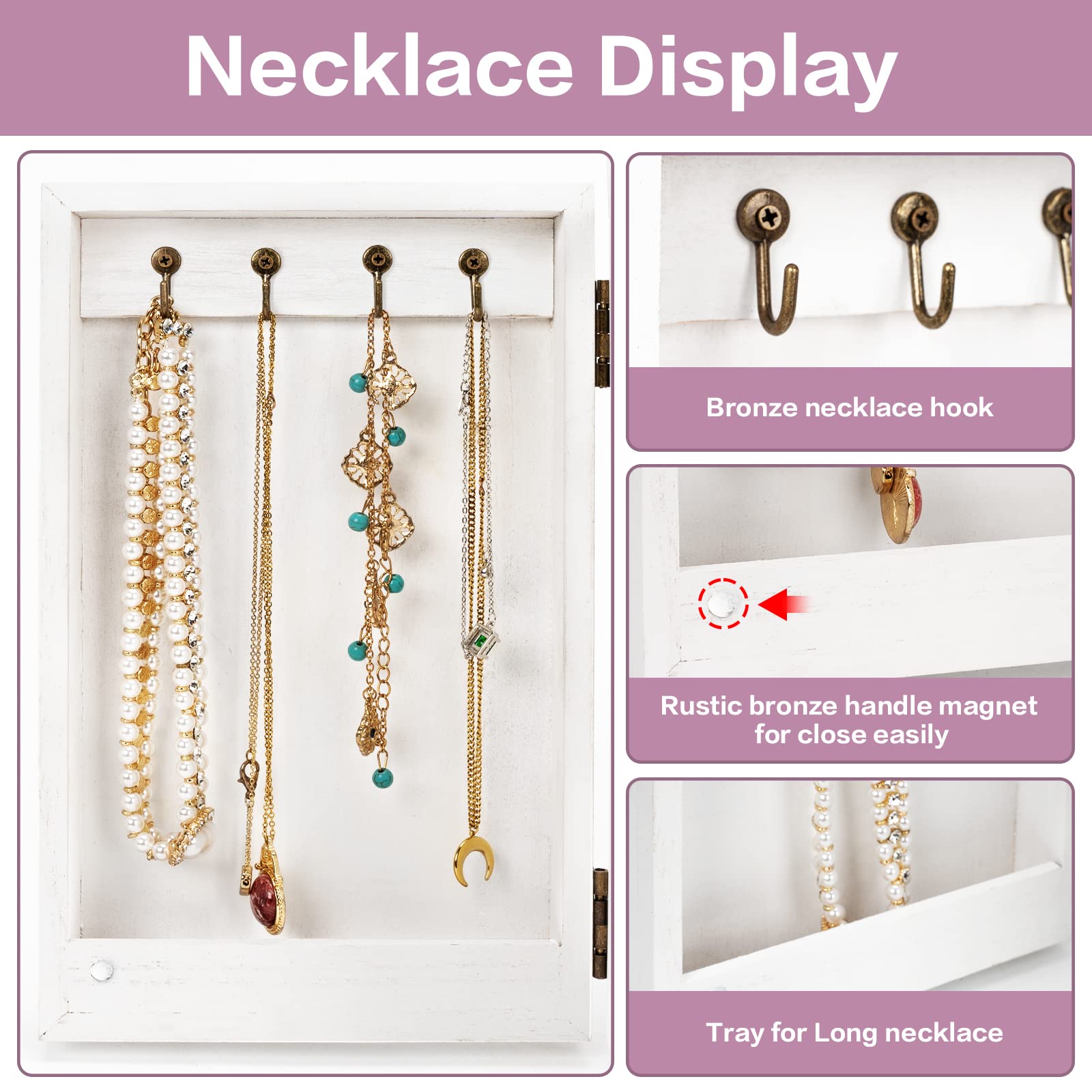 Meangood 5-Layer Wooden Jewelry Organizer Box with Mirror & 4 Drawers - Large Storage for Rings, Earrings, Necklaces (White) - Perfect for Women's Bedroom Vanity, Dresser & Travel Jewelry Organization