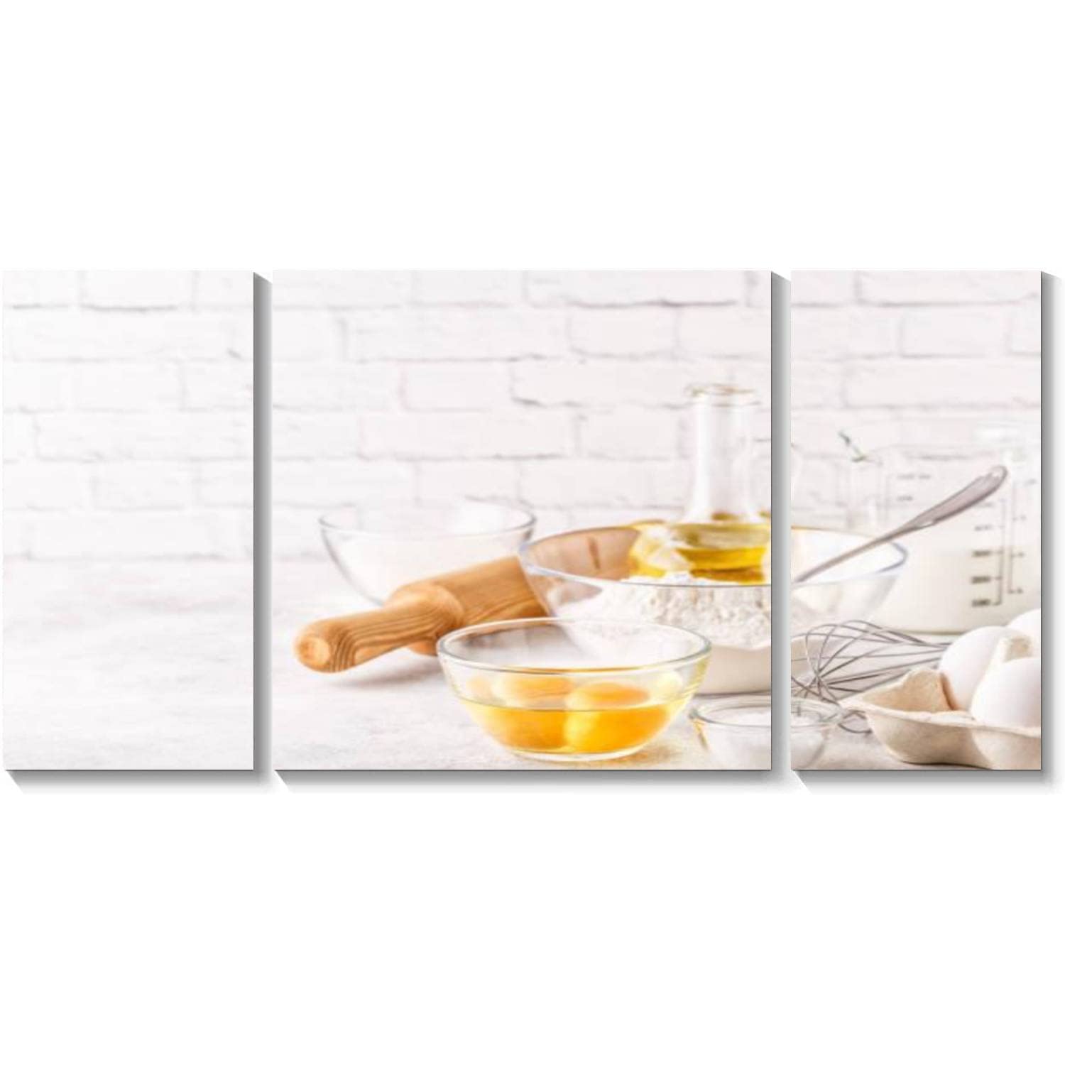 BDMPIZLNSF 3 Panel Canvas Wall Art - Bakery Theme Flour Eggs Milk Framed Painting - Ready to Hang Home Decor for Living Room & Bedroom - Perfect for Kitchen Decor, Cafe Wall Art, and Bakery Shop Display